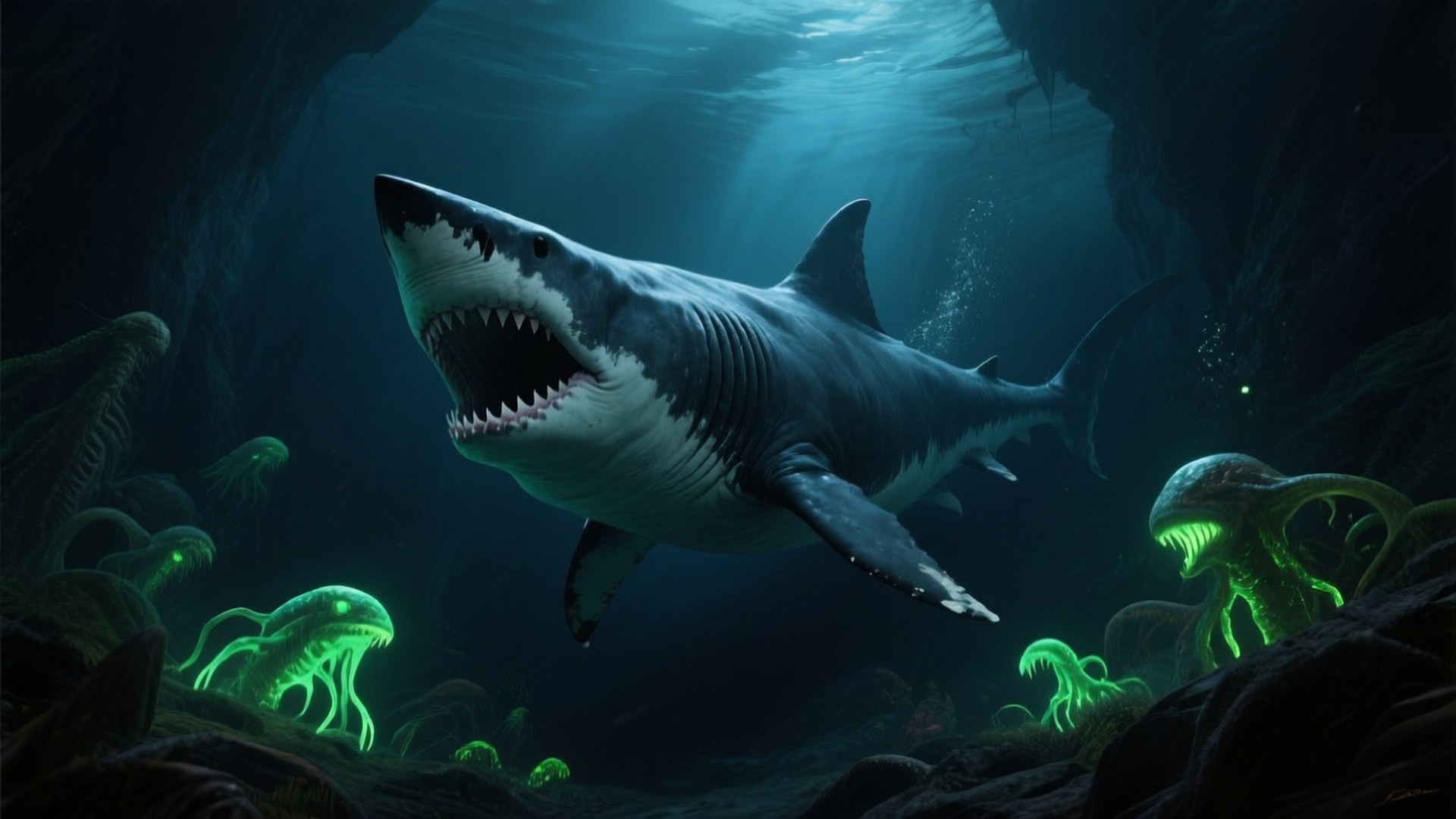 Megalodon Abyss 壁紙 — 一條大白鯊游過一個黑暗的水底洞穴，洞穴被詭異的綠色發光外星生物照亮。
