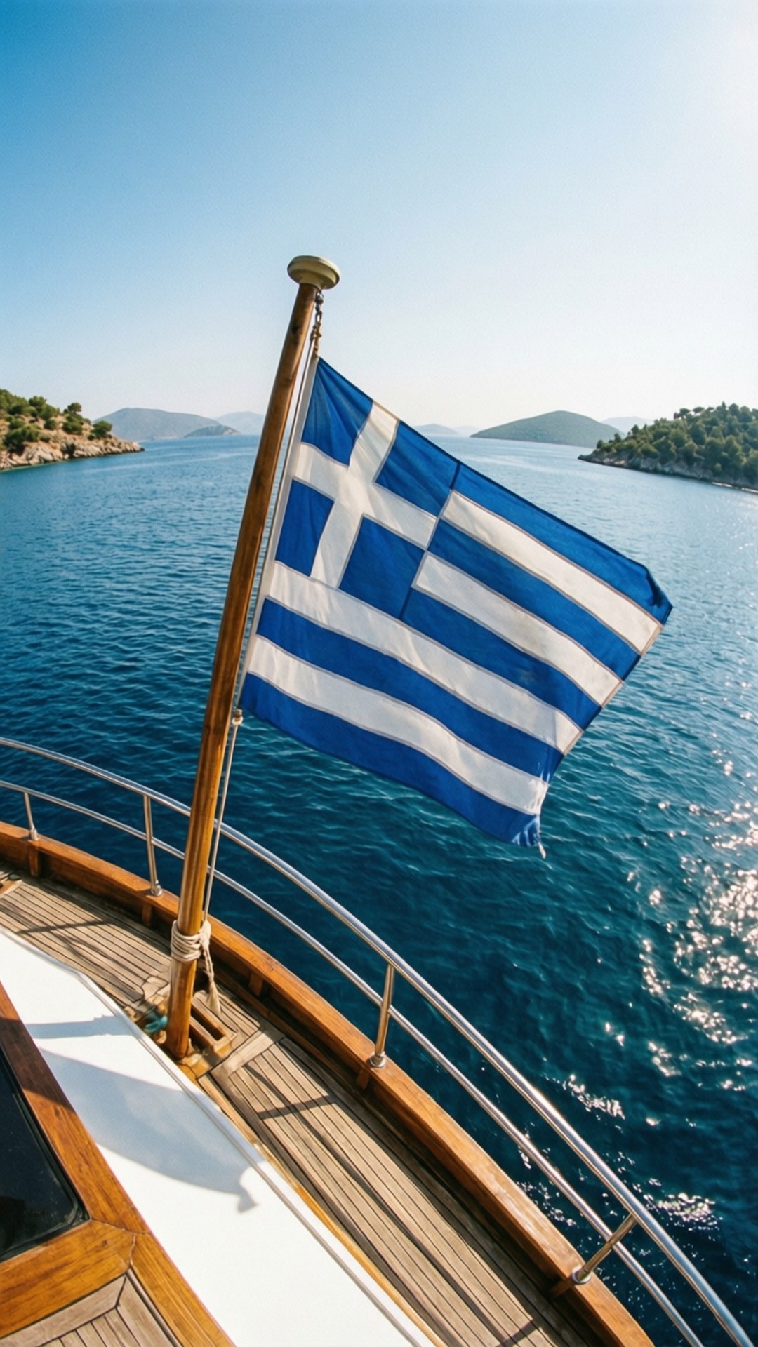 Greek Flag 桌布 壁紙 — 希臘國旗在木製船甲板上自豪地飄揚，背景是深藍色的大海和陽光明媚的島嶼。