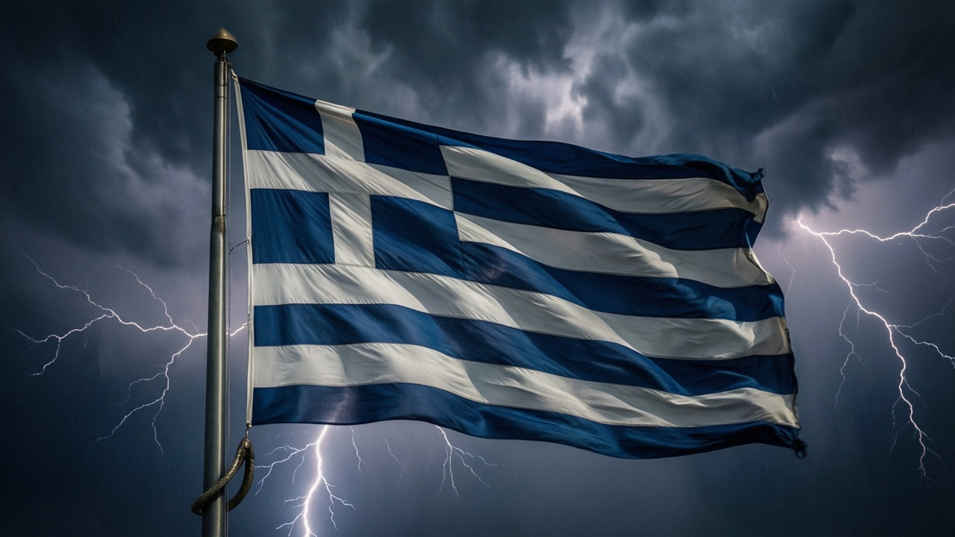 Greek Flag 桌布 壁紙 — 希臘國旗在暴風雨中挑釁地飄揚，生動的閃電照亮其藍白條紋。