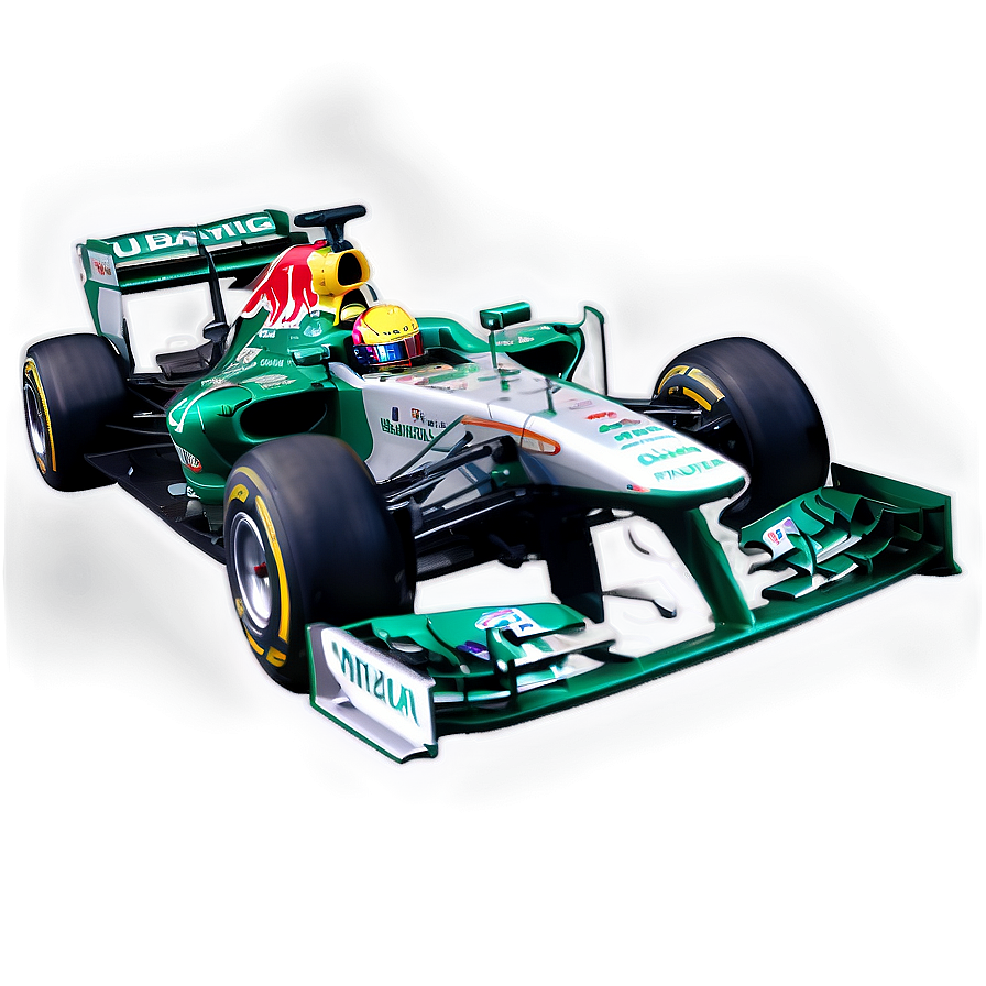 綠色和白色的 Formula 1 賽車，車手戴著黃色頭盔，在黑暗背景上發光。 — F1 壁紙