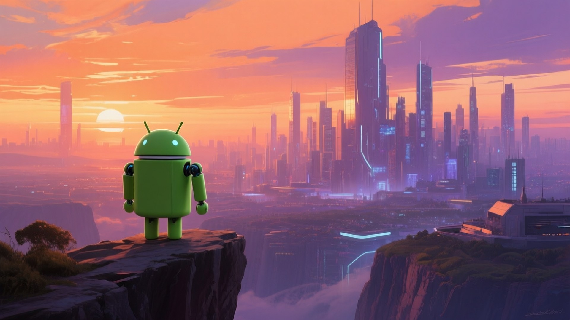Android at Sunset City 壁紙 — 一個綠色Android機器人站在懸崖邊，俯瞰著日落時分帶有橙色和紫色色調的未來城市天際線。