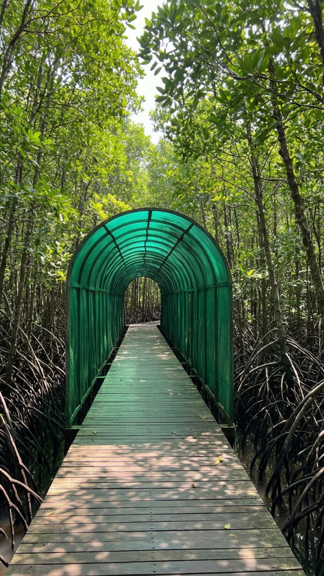 Mangrove Boardwalk 壁紙 — 一條綠色拱形有蓋步道蜿蜒穿過茂密的紅樹林，斑駁的陽光透過茂密的綠葉篩落。