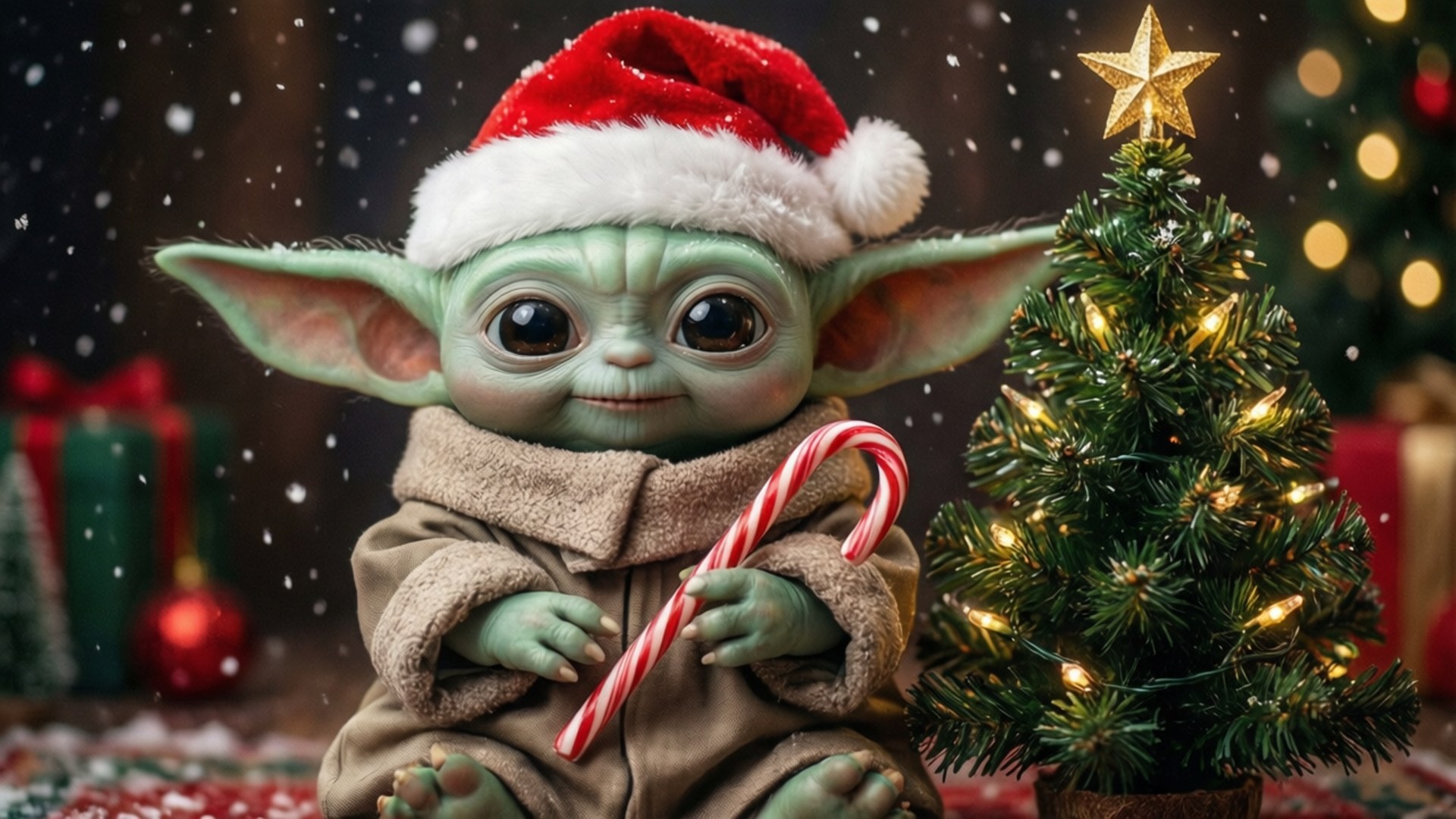 Baby Yoda Christmas Cheer 壁紙 — 一個綠色的Baby Yoda戴著紅色聖誕帽，在飄雪的亮燈聖誕樹旁邊拿著一根拐杖糖。