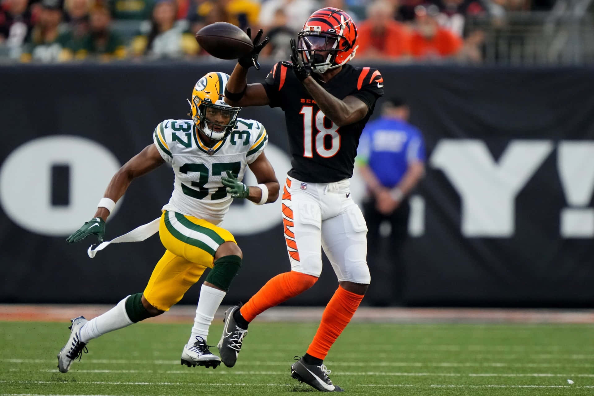  壁紙 — 綠灣包裝工隊的防守球員在激烈的NFL比賽中飛身攔截辛辛那提猛虎隊接球員的傳球。
