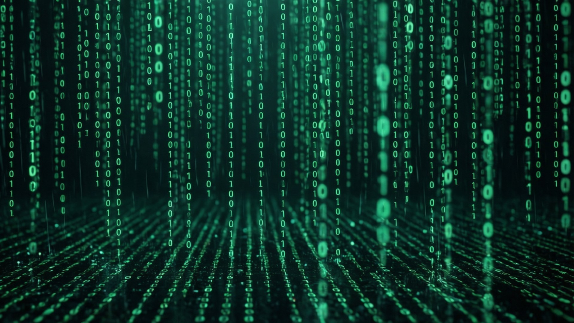 Matrix Code Rain 壁紙 — 綠色二進制代碼流在深色背景上垂直流動，形成數字雨效果。