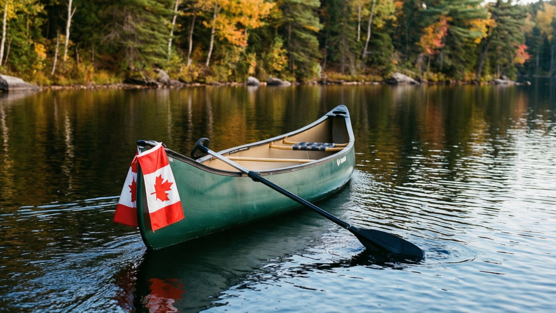 Canoe Flag Journey 壁紙 — 一艘帶有加拿大國旗的綠色獨木舟在平靜的湖面上漂浮，周圍環繞著秋天的樹木。