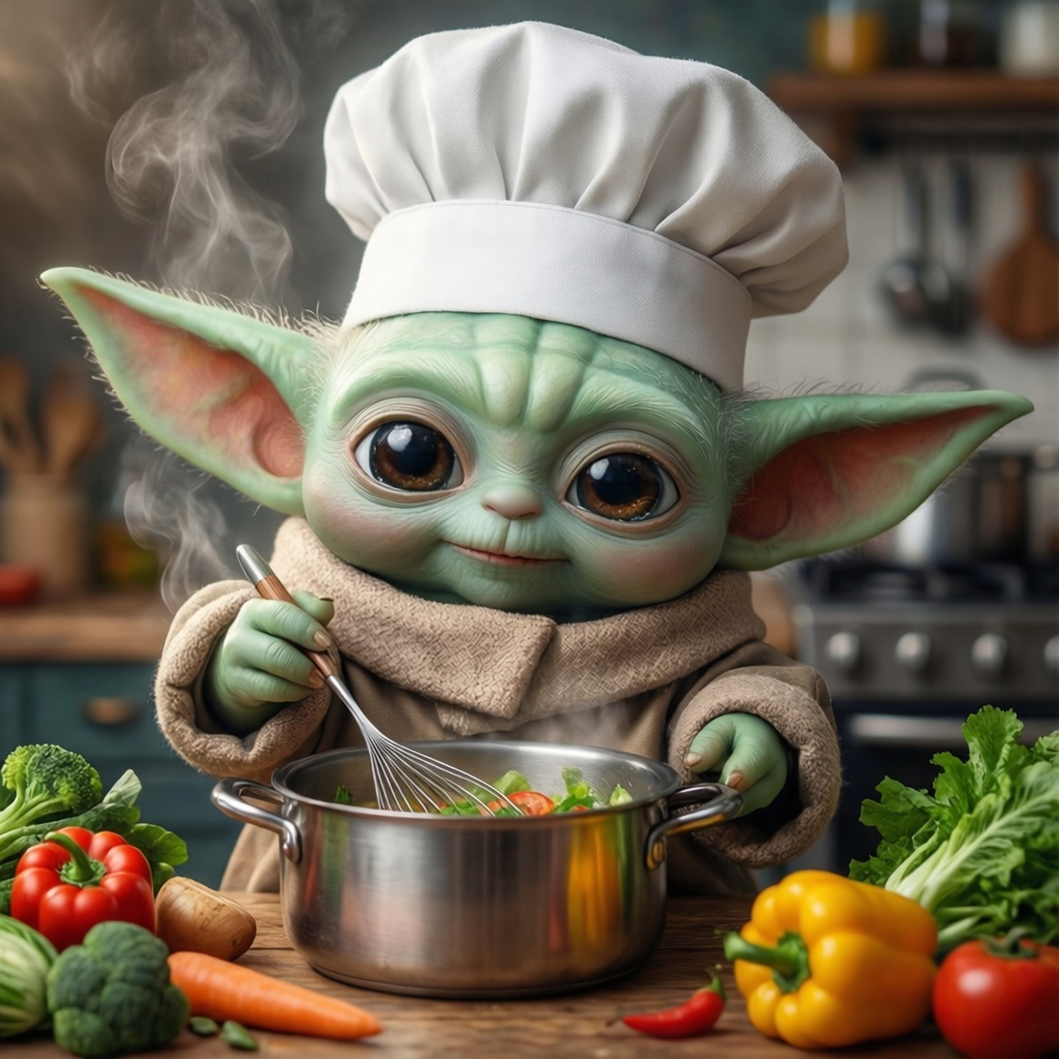 Chef Baby Yoda 壁紙 — 一個綠色皮膚的兒童廚師戴著白色帽子，在木製櫃檯上攪拌一個冒煙的鍋，周圍是色彩繽紛的新鮮蔬菜。