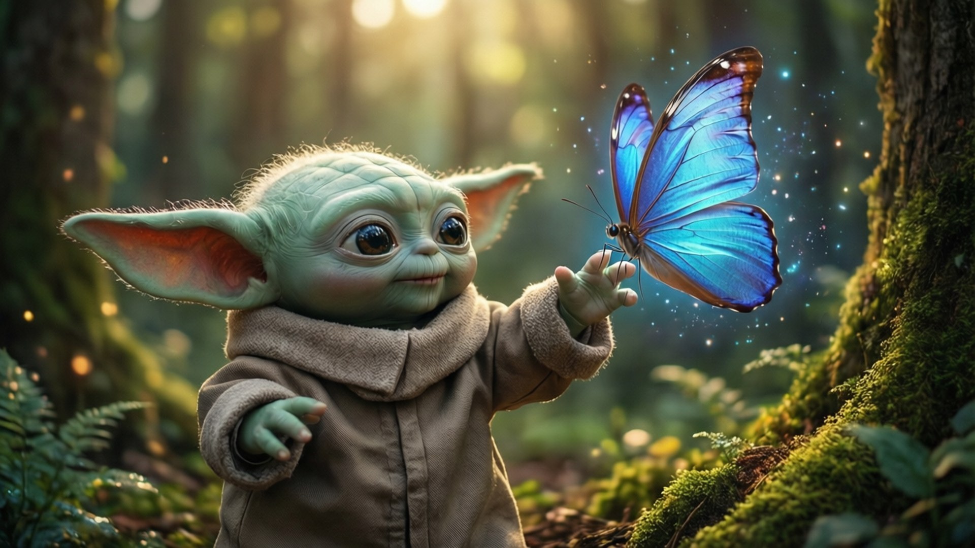 Baby Yoda and the Butterfly 壁紙 — 一個綠色皮膚、大耳朵的小孩在陽光照耀的苔蘚森林中輕輕觸碰一隻發光的藍色蝴蝶。