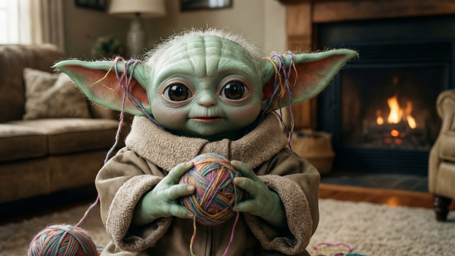Yarn Tangle Baby Yoda 壁紙 — 一個綠色皮膚、大耳朵的小孩在一個有壁爐的舒適客廳裡拿著一個彩色毛線球。