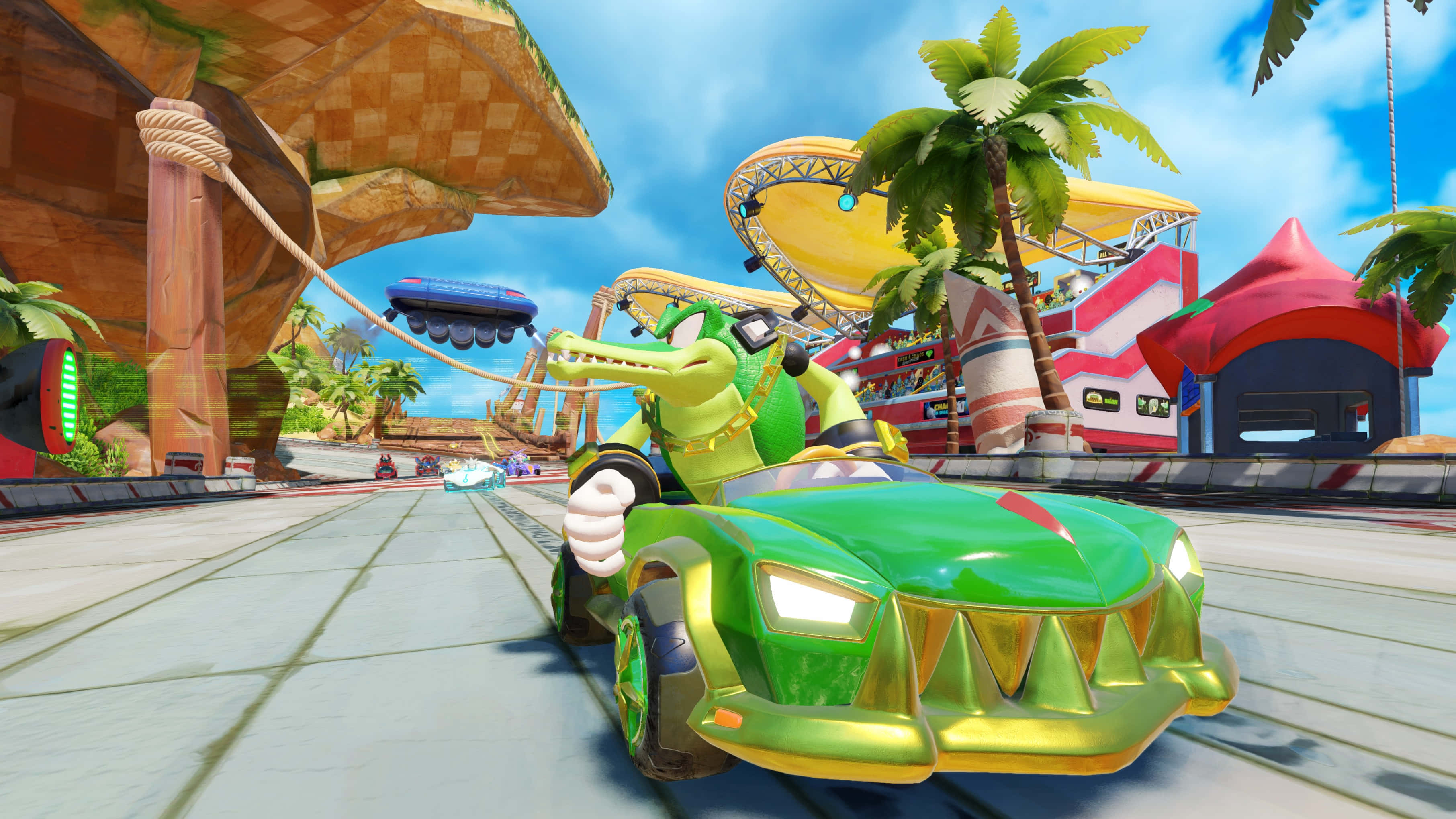 Vector The Crocodile 桌布 壁紙 — 一隻綠色鱷魚賽車手駕駛著鯊魚嘴卡丁車，在晴朗藍天下穿梭於充滿活力的熱帶賽道。