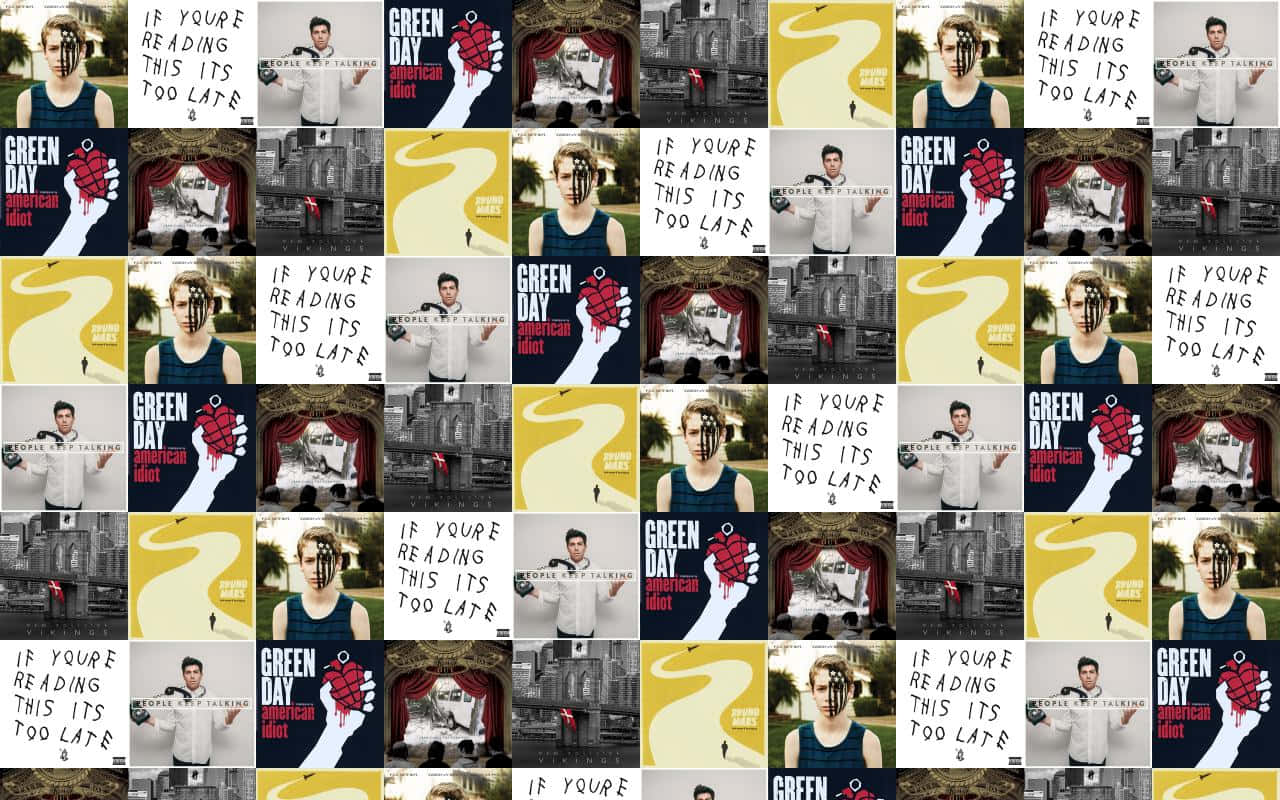 桌布 壁紙 — Green Day 的《American Idiot》專輯封面重複拼貼，特徵為一個臉部像素化的男人、一顆紅色手榴彈和一條黃色蜿蜒的道路。