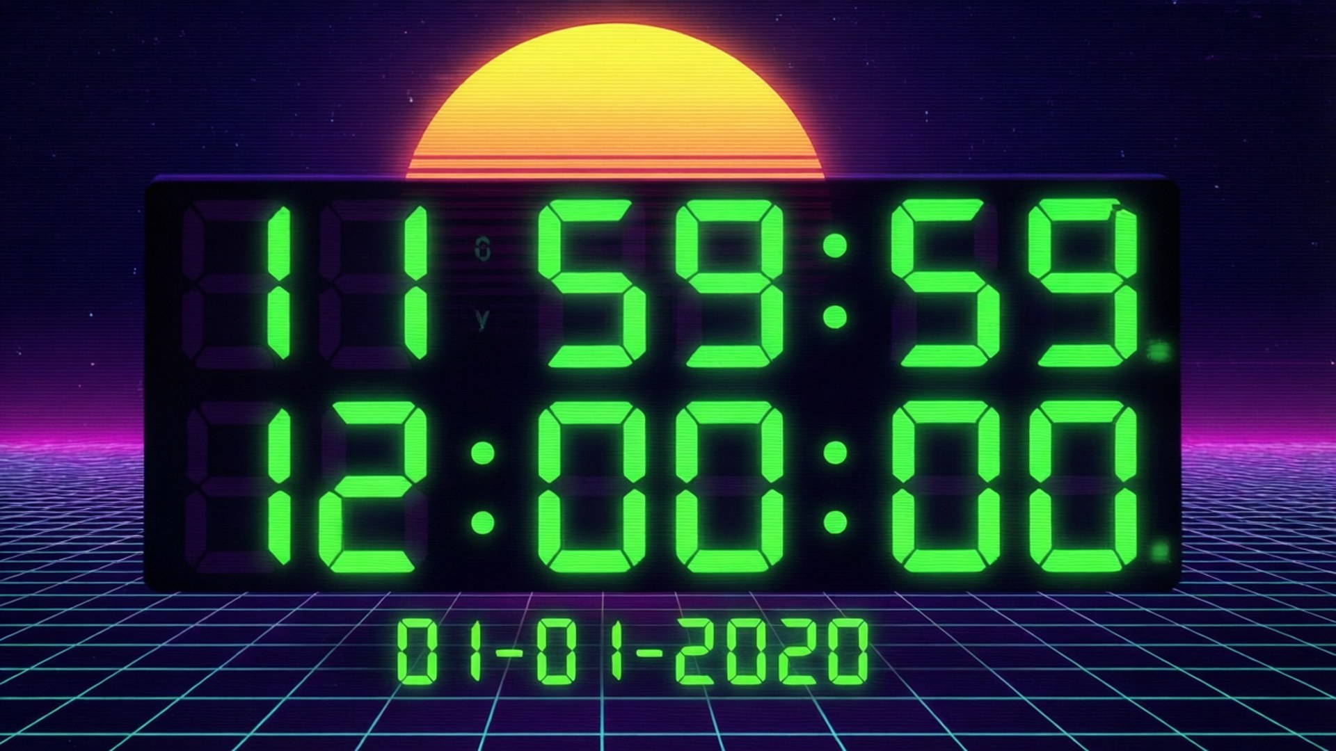 Neon Countdown 2020 壁紙 — 在2020年元旦，一個發光的綠色數字時鐘在復古日落網格天空背景下從11:59:59倒數到12:00:00。