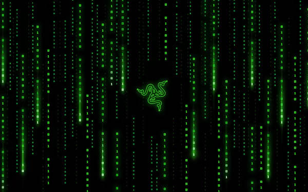 綠色數位代碼雨，中央有發光的Razer標誌。 — 4K 壁紙