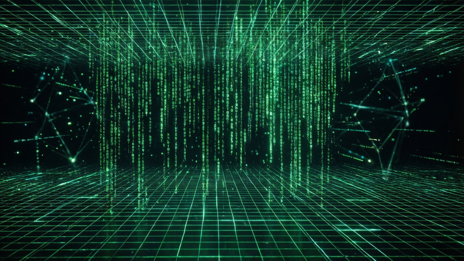 Cyberspace 桌布 壁紙 — 綠色數位雨在黑暗的未來科幻場景中，如瀑布般落在發光的網格地板上。