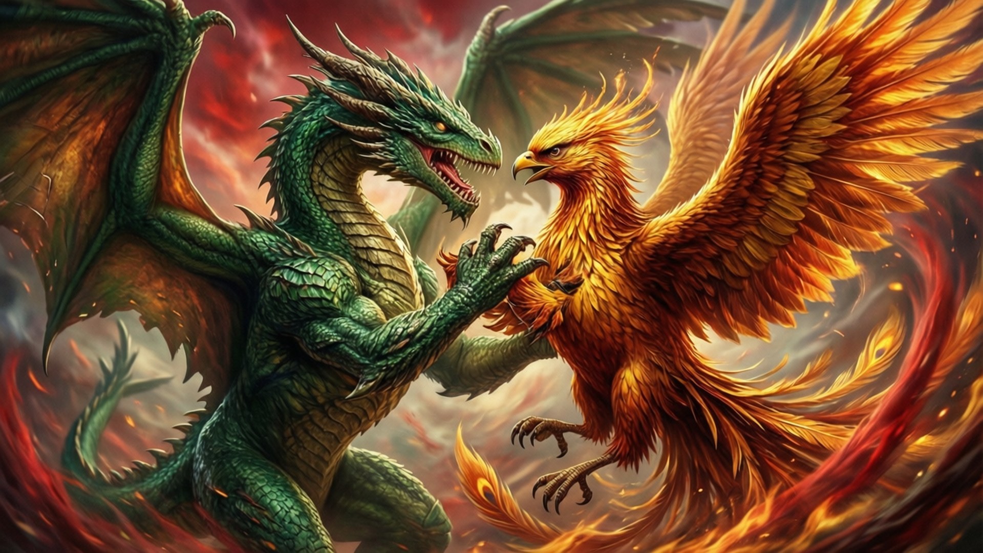 Dragon vs Phoenix 壁紙 — 一條兇猛的綠色巨龍和一隻熾熱的金色鳳凰在旋轉的紅色和橙色天空中激烈交戰。