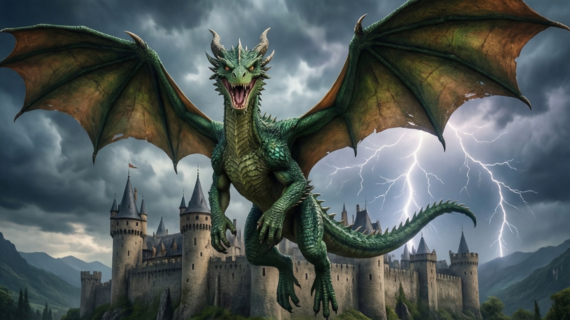 Dragon Over the Castle 壁紙 — 一隻展開翅膀的巨大綠色巨龍在雷電交加的暴風雨天空下，於石城堡上方咆哮。