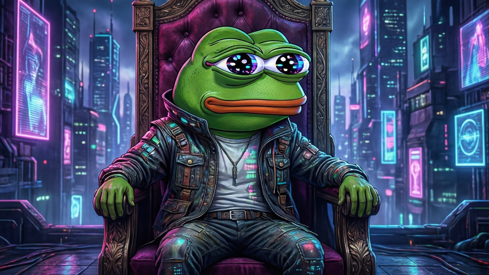 Cyberpunk Pepe Throne 壁紙 — 一隻綠色大眼青蛙莊嚴地坐在紫色王座上，周圍是霓虹燈閃爍的賽博龐克城市景觀。