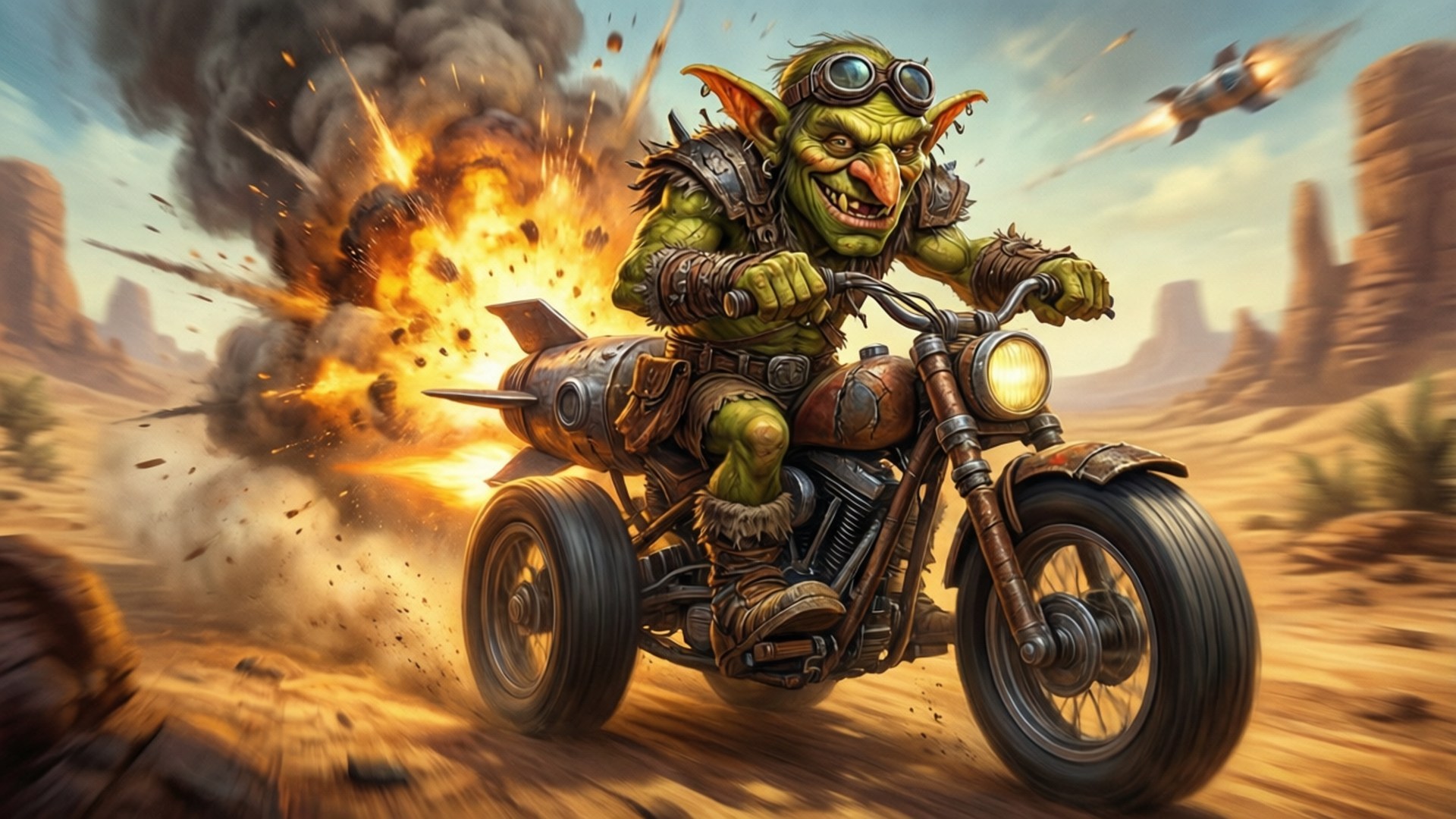 Goblin Speed Demon 壁紙 — 一個綠色哥布林戴著護目鏡，騎著生鏽的摩托車穿過沙漠，身後發生爆炸。