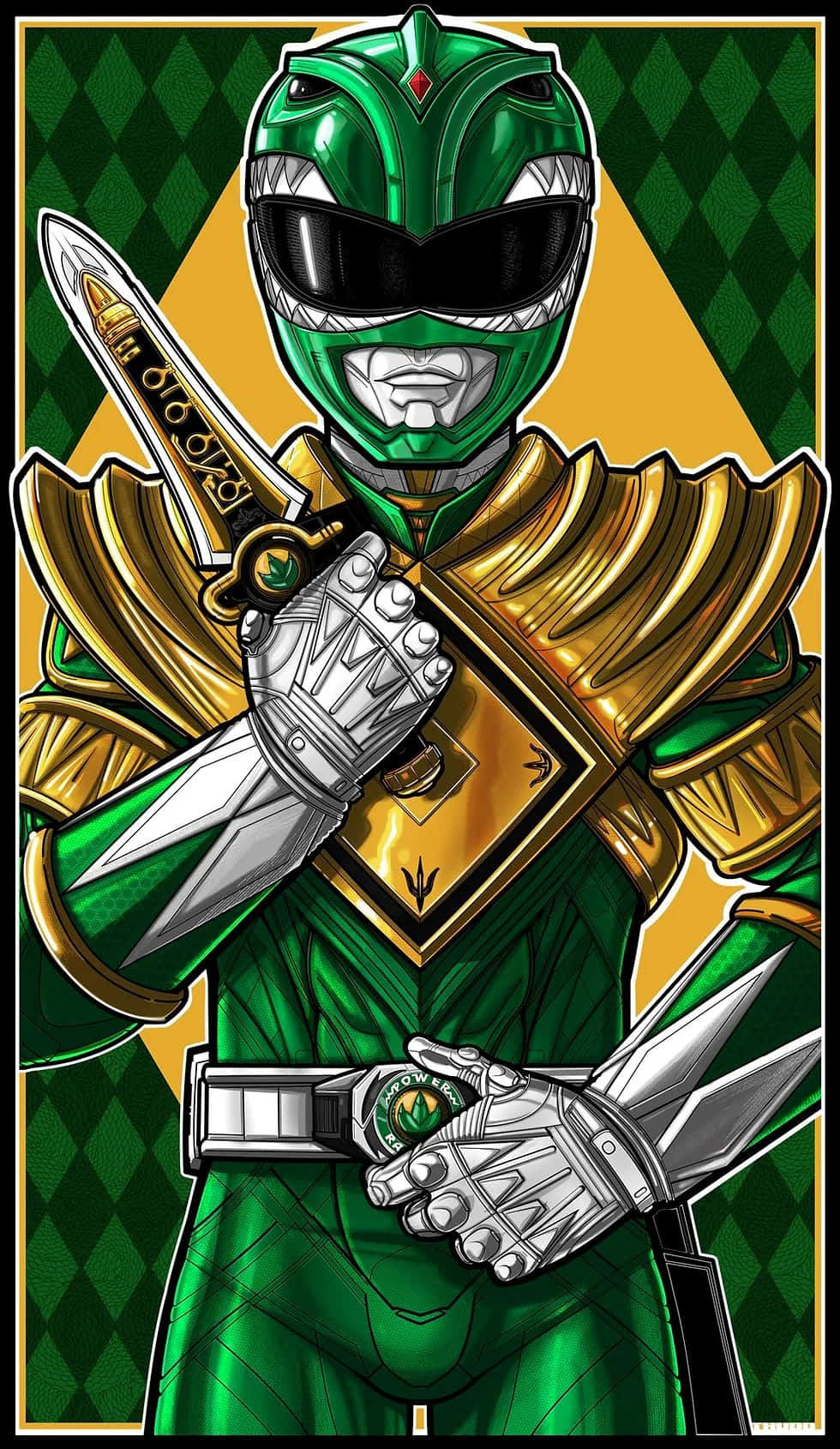  壁紙 — 一個身穿綠色和金色盔甲的Power Ranger自信地站在鑽石圖案背景前，手持一把劍。