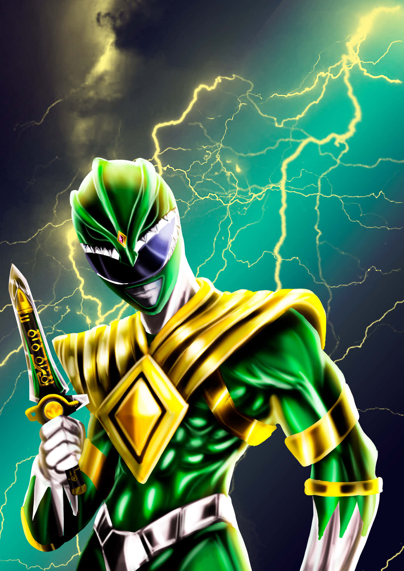  壁紙 — 一位綠色和金色的Power Ranger在黃色閃電劈啪作響的暴風雨天空下英勇站立。