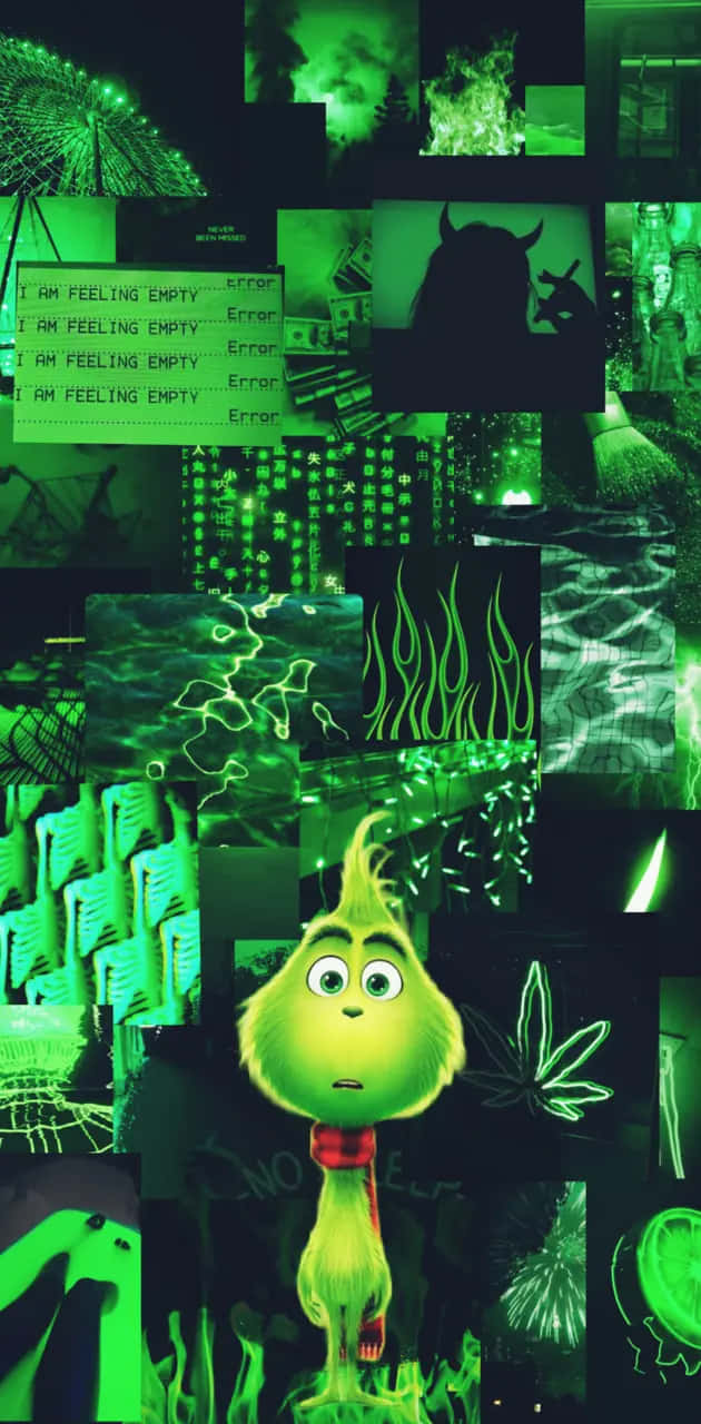  壁紙 — 一幅綠色調的拼貼畫，主角是聖誕怪傑，周圍環繞著故障文字和詭異的霓虹影像。