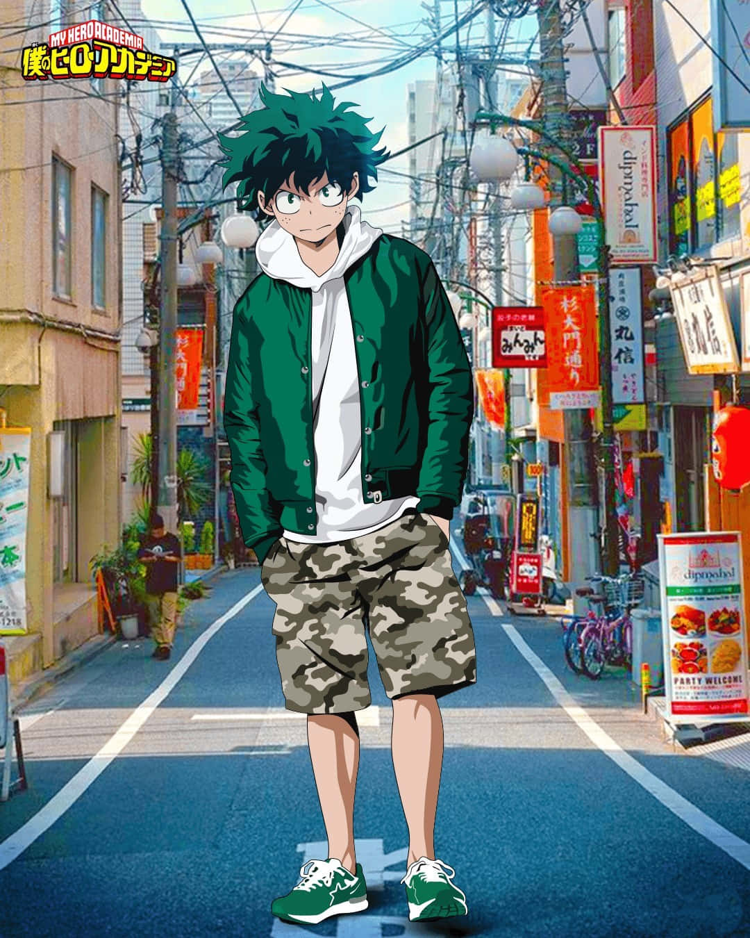  壁紙 — 一個綠髮動漫男孩穿著轟炸機夾克，自信地站在一條充滿色彩繽紛招牌和商店的繁華日本街道上。