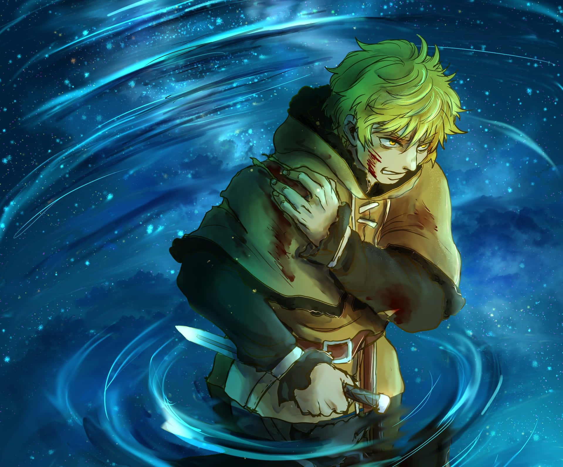  壁紙 — 一位綠髮動漫戰士穿著血跡斑斑的衣服，在旋轉的宇宙藍色背景上緊握傷口。