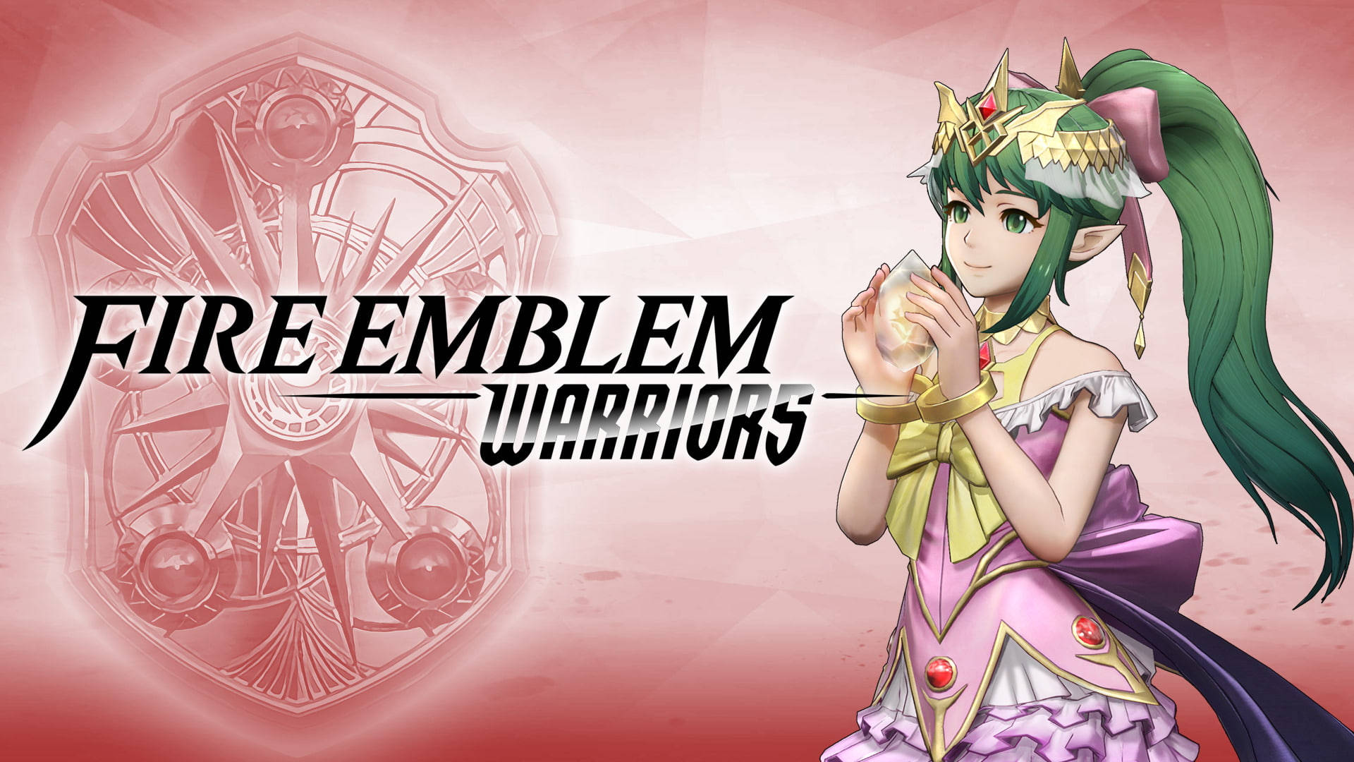動畫精靈戰士身穿粉紅盔甲，手持發光球體，站在Fire Emblem Warriors標誌旁。 — Fire Emblem Warriors 壁紙