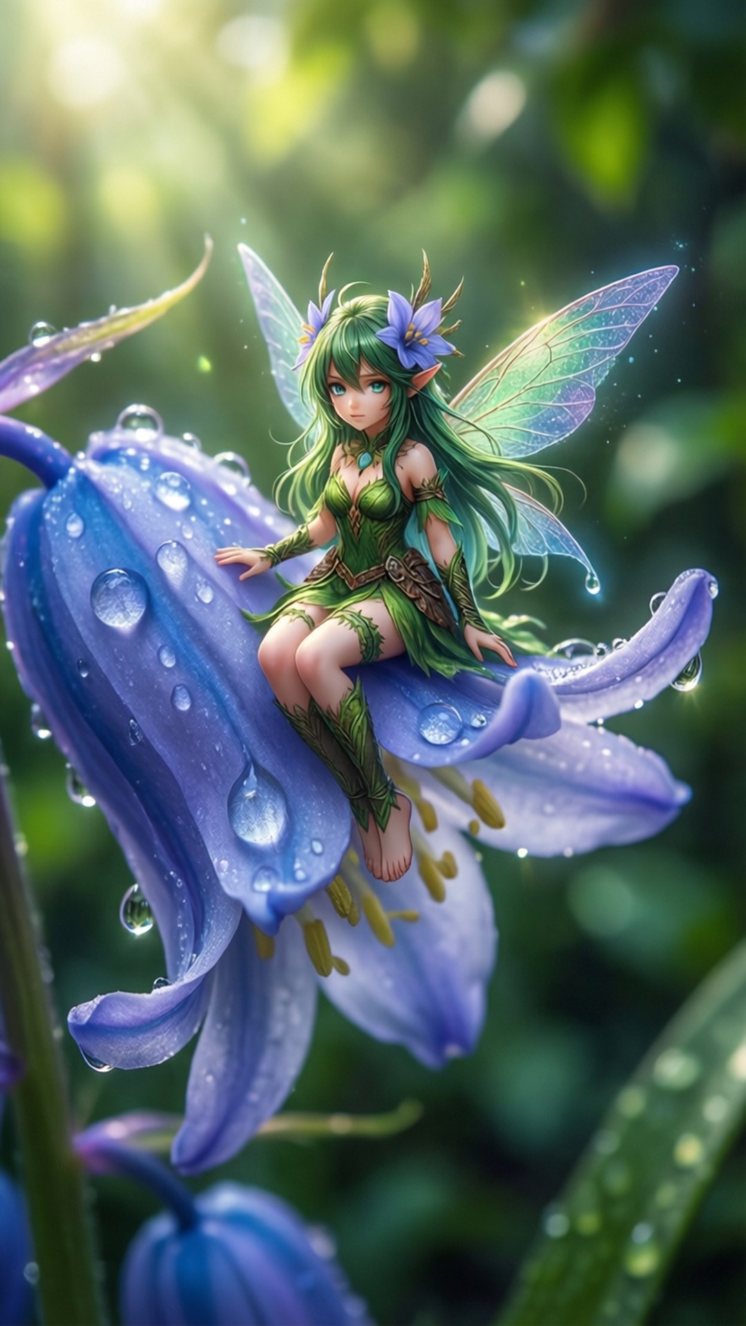 Fairy Skuld in Bloom 壁紙 — 一位綠髮仙女擁有半透明翅膀，優雅地棲息在陽光普照的森林中一朵沾滿露水的紫色風鈴花上。