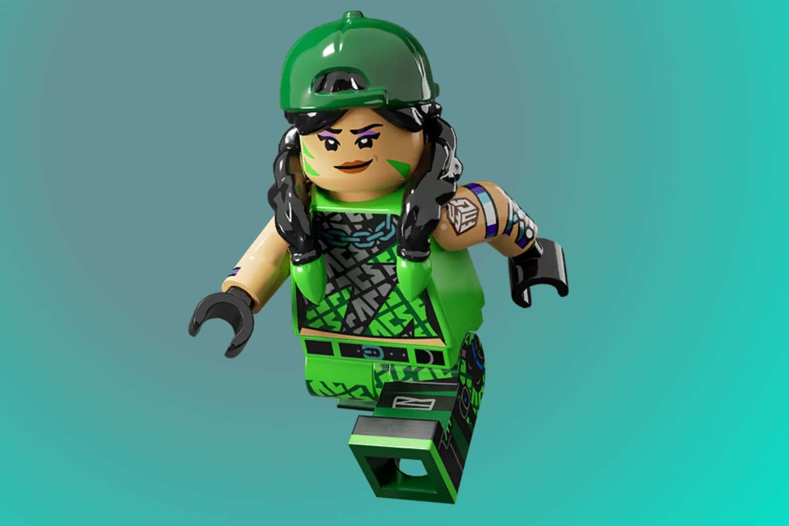  壁紙 — 一個戴綠色頭盔、有辮子頭髮和刺青的LEGO迷你人偶，漂浮在青綠色漸層背景上。