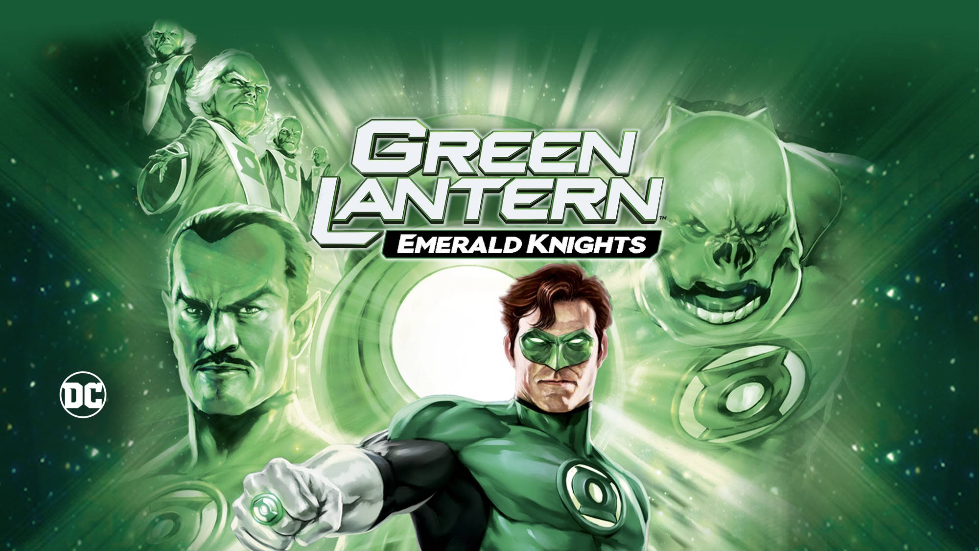 Emerald 桌布 壁紙 — Green Lantern Emerald Knights 海報展示英雄和反派角色在宇宙背景下散發綠色能量。