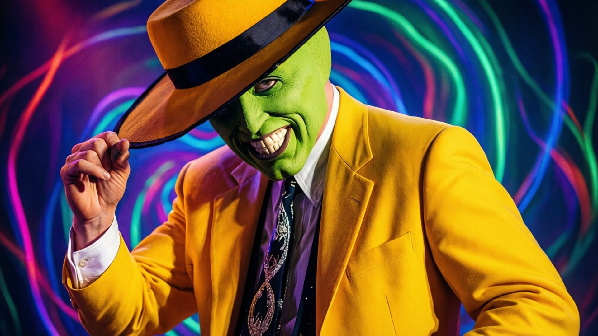 The Mask Groove 壁紙 — 一個戴綠色面具、身穿黃色西裝和帽子的男人微笑著，在旋轉的霓虹背景前調整帽子。
