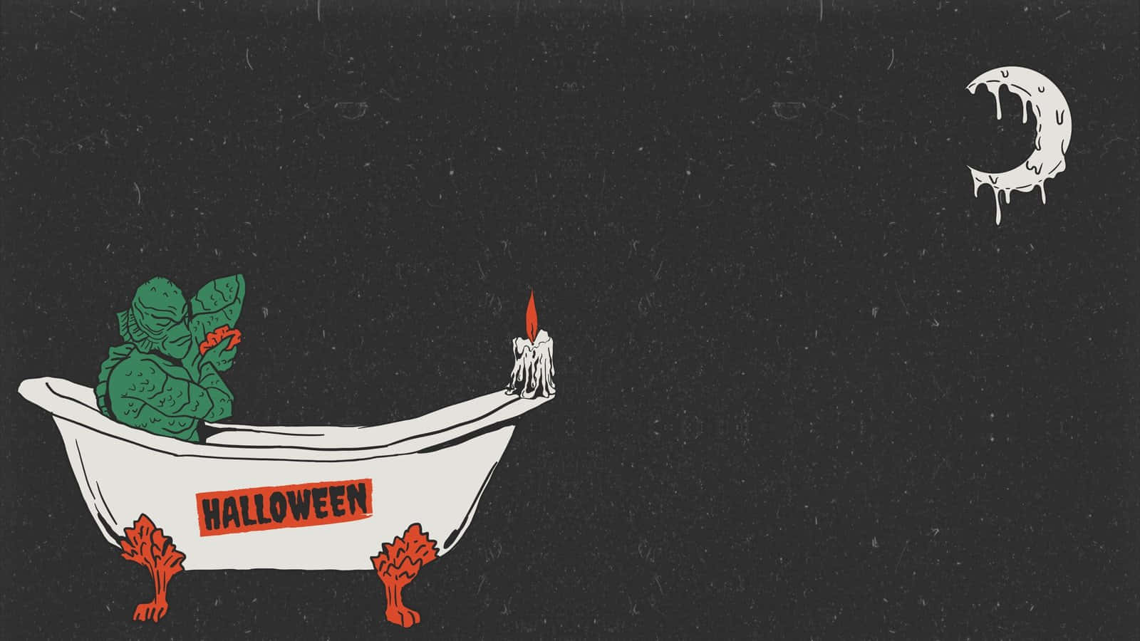 壁紙 — 一個綠色皮膚的怪物在一個寫著Halloween的白色浴缸中放鬆，上方有滴落的新月。