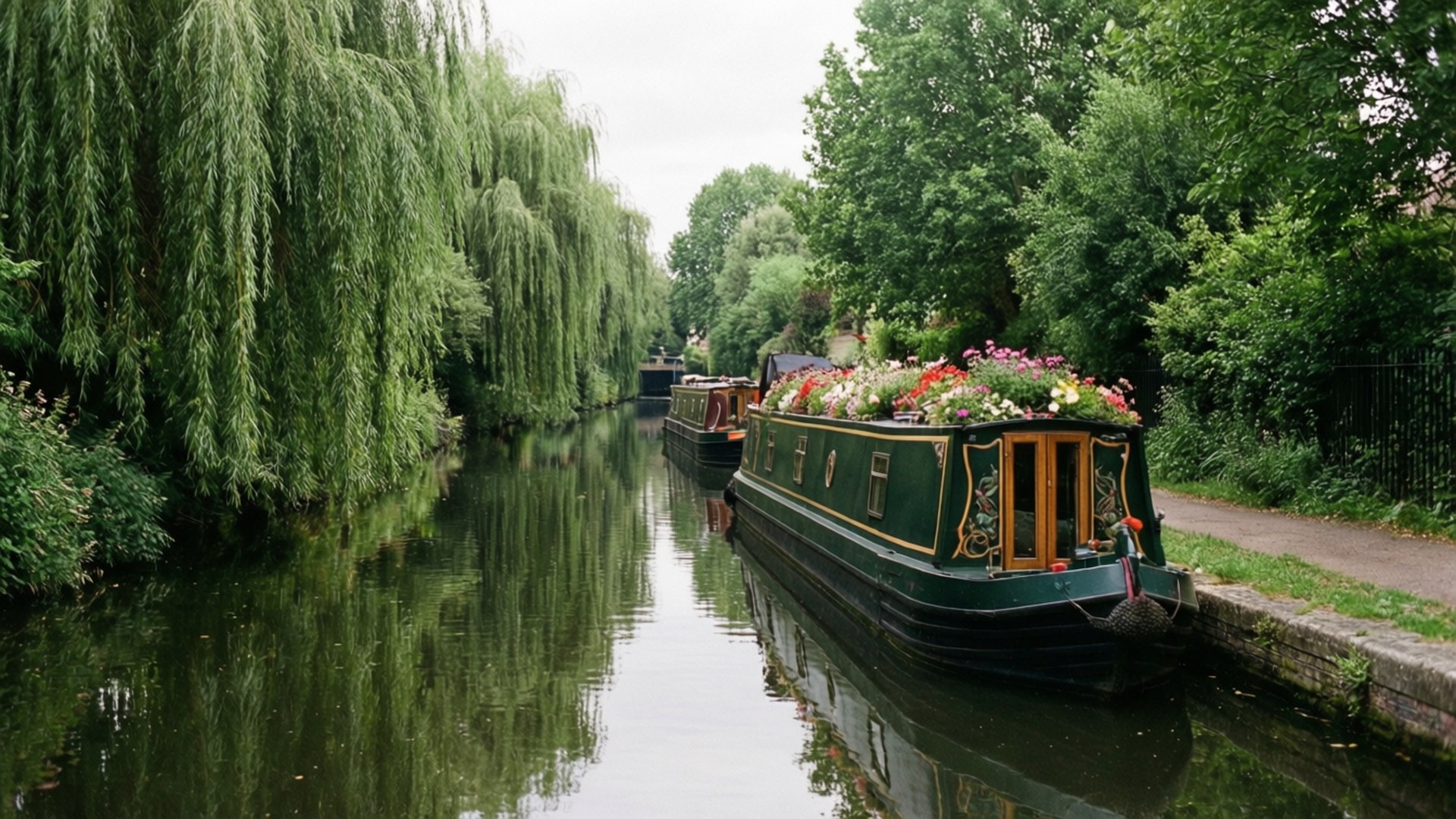 Little Venice Canal 壁紙 — 一艘綠色窄船裝飾著色彩繽紛的花朵，平靜地漂浮在寧靜的運河上，兩旁種滿垂柳和茂密的綠樹。