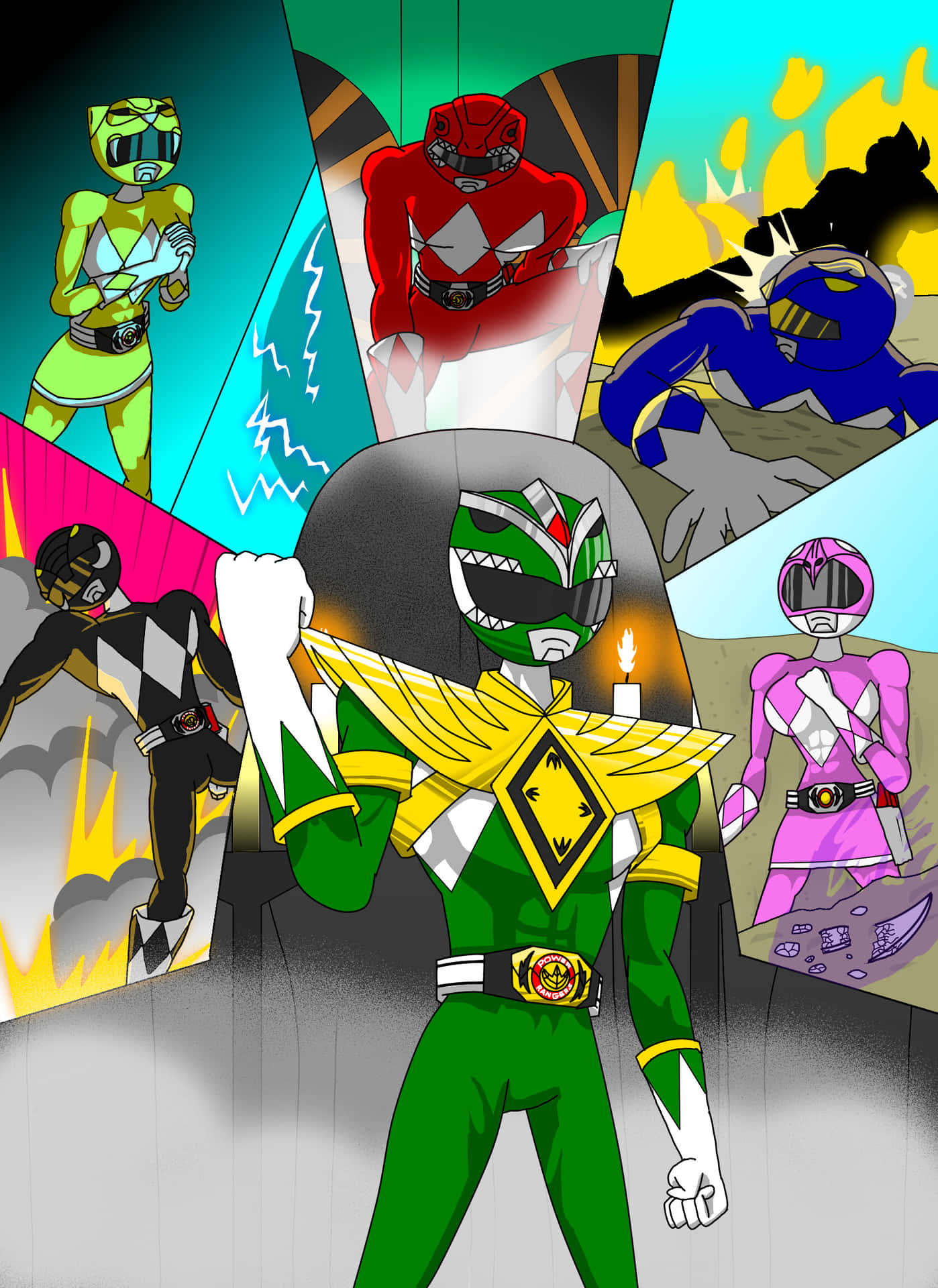  壁紙 — 一名綠色Power Ranger站在中央，握緊拳頭，周圍有其他Rangers在色彩繽紛的畫面中擺出動態動作姿勢。