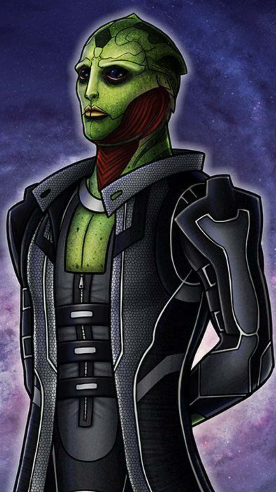 Thane Krios 桌布 壁紙 — 一個綠色皮膚的外星人戴著紅色圍巾，穿著未來風格的黑色套裝，站在繁星點點的宇宙背景前。