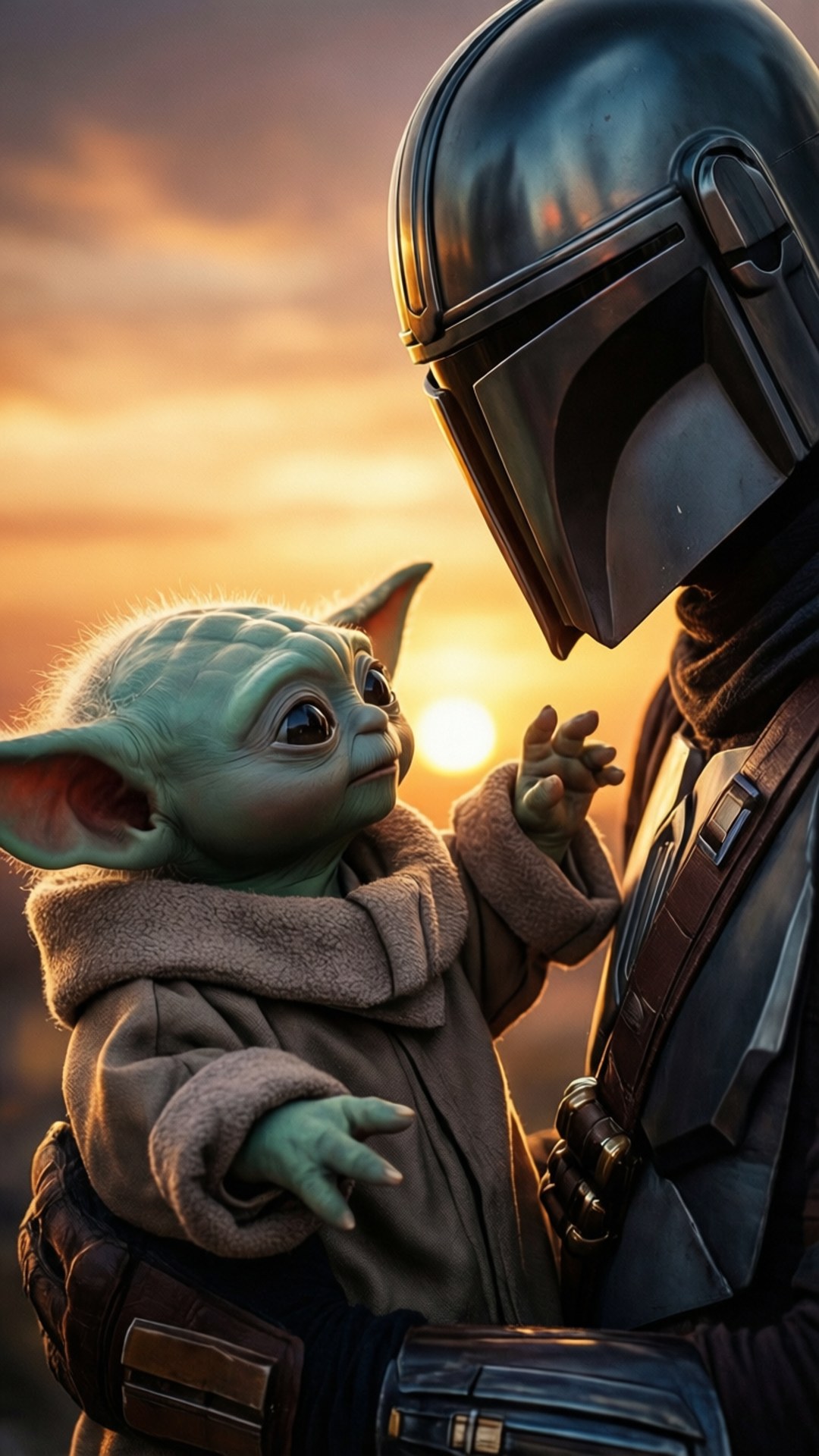 Baby Yoda and the Mandalorian 壁紙 — 一個綠色皮膚的BB Yoda穿著棕色長袍，在金色日落背景下仰望一個戴著面具的曼達洛戰士。