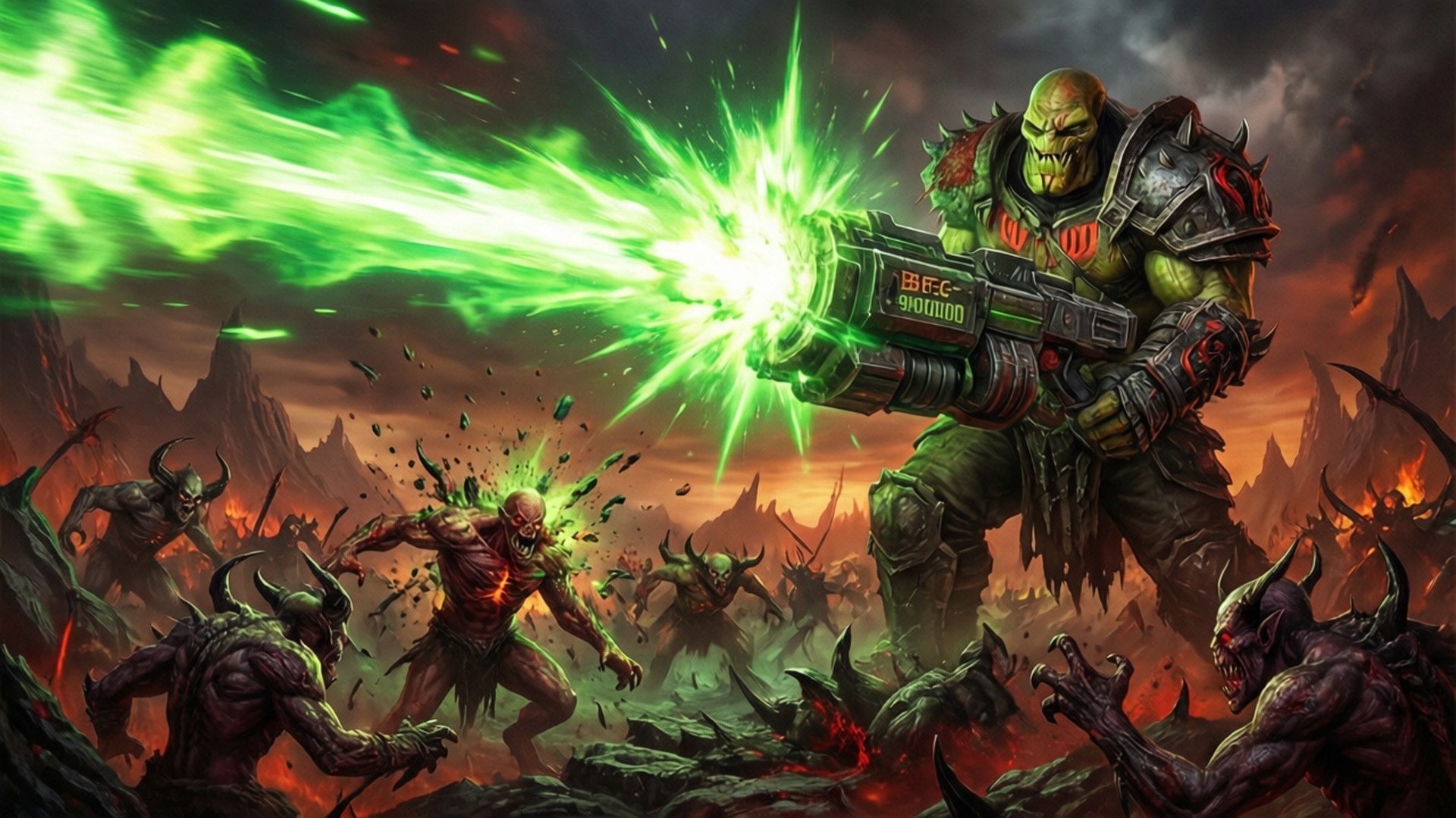 BFG Devastation 壁紙 — 一個綠色皮膚的獸人戰士在熾熱的地獄戰場上向惡魔生物發射發光的綠色能量武器。