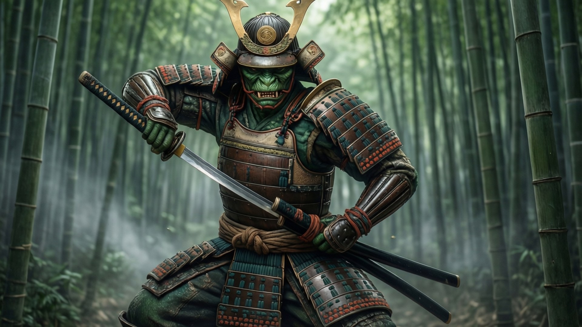 Orochi in the Bamboo 壁紙 — 一個綠色皮膚的武士穿著精細的盔甲，在霧氣瀰漫的竹林中手持武士刀準備就緒。
