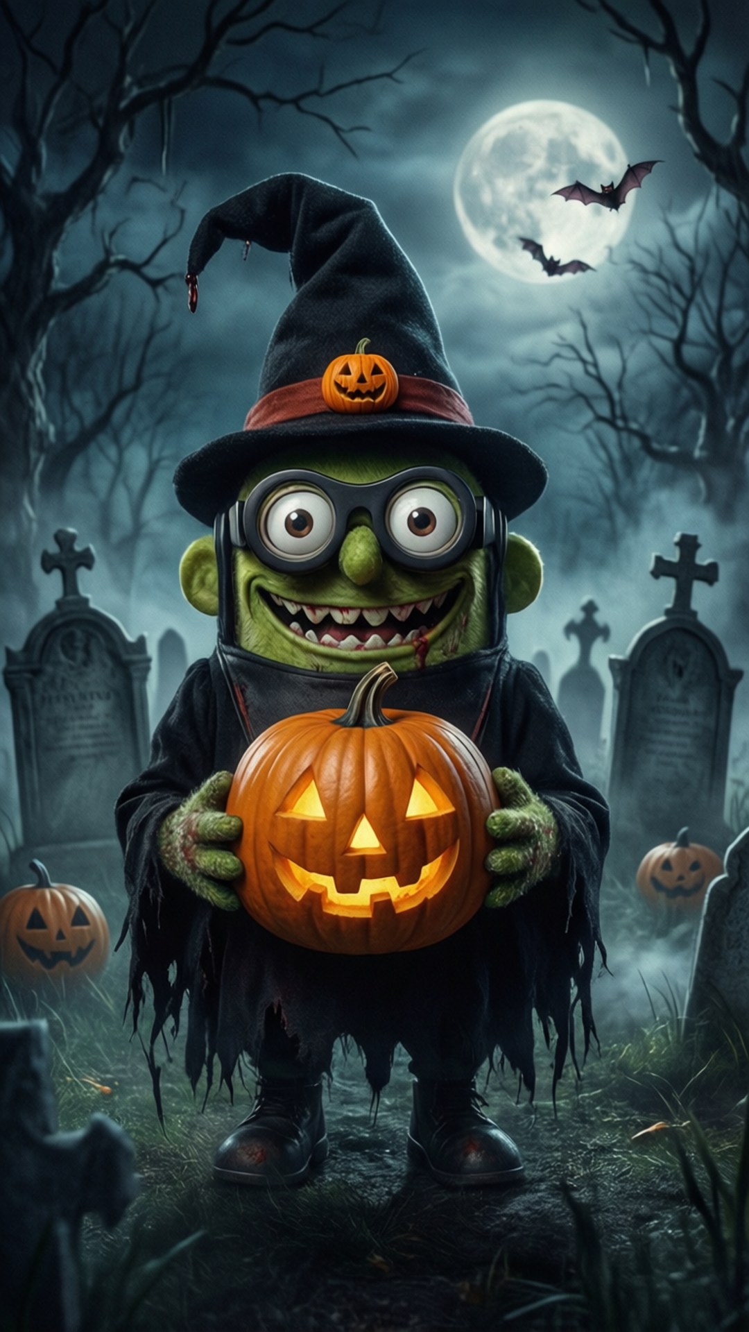 Spooky Halloween Bean 壁紙 — 一個綠色皮膚的女巫小孩，戴著黑色帽子和長袍，在月光下的墓地裡拿著一個發光的傑克南瓜燈，蝙蝠在飛翔。
