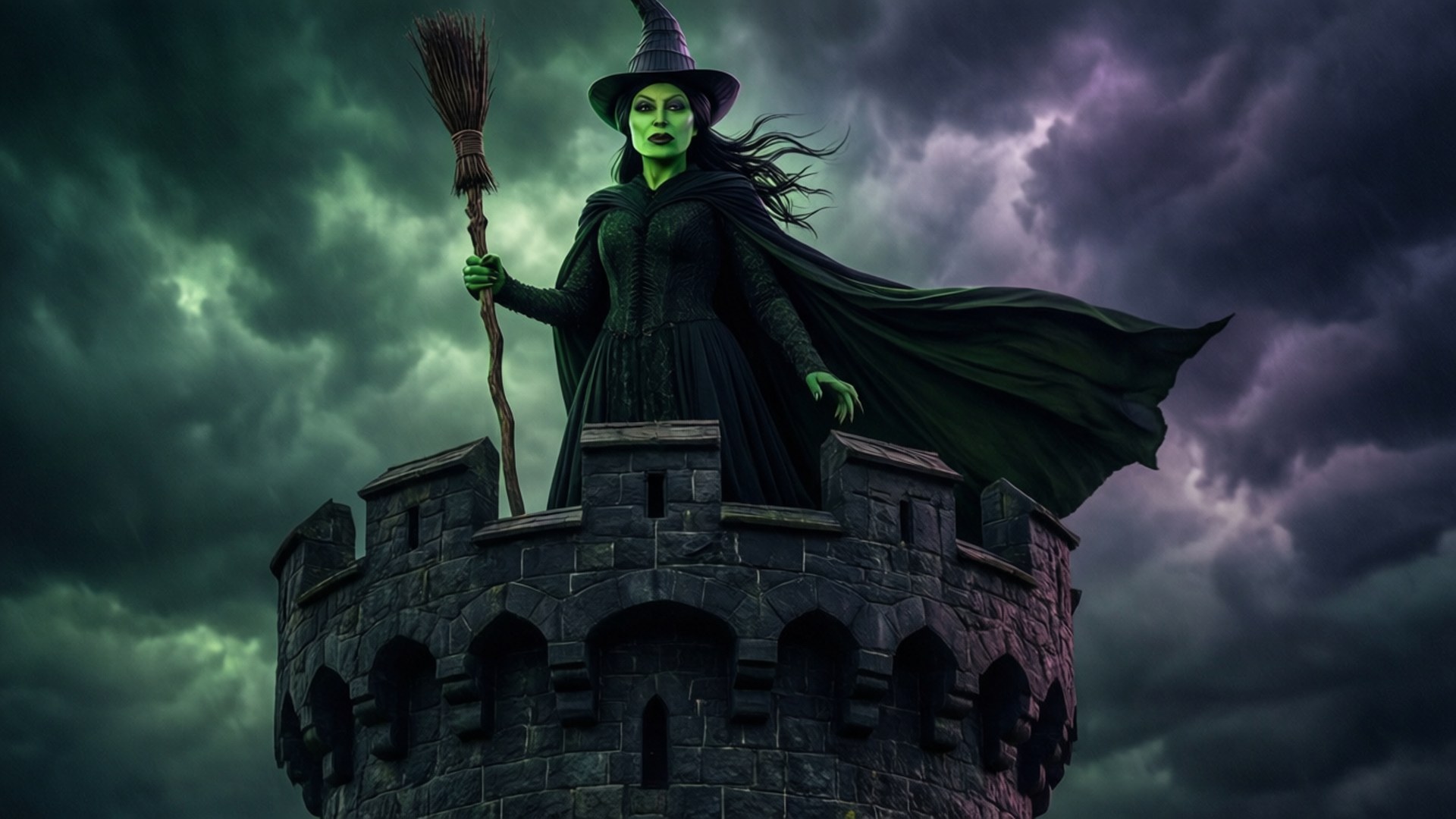 Elphaba Thropp 桌布 壁紙 — 一位綠色皮膚的女巫穿著黑色斗篷，站在石塔頂端，手持掃帚，面對風暴般的紫色和綠色天空。