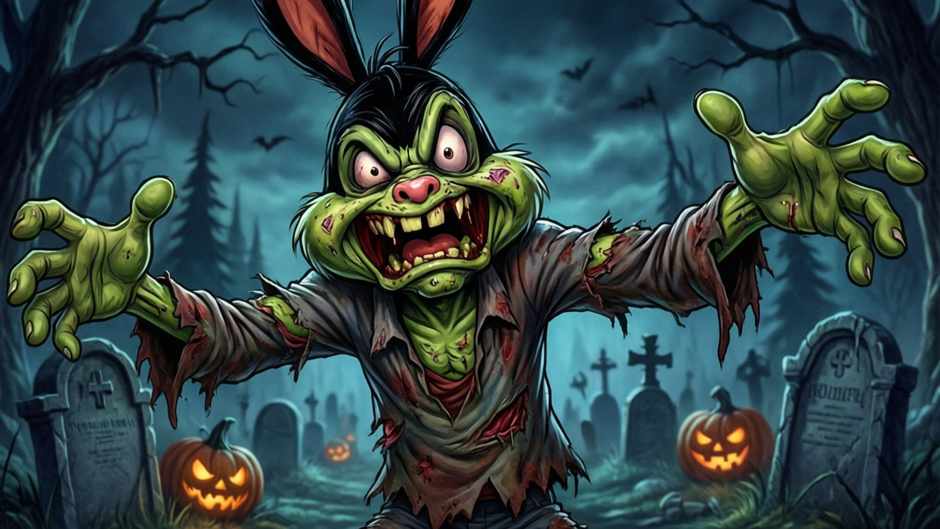 Zombie Sam Scare 壁紙 — 一隻綠色殭屍兔，牙齒沾血，衣服破爛，在一個有發光南瓜燈和蝙蝠的鬼魅墓地中威嚇地站立。