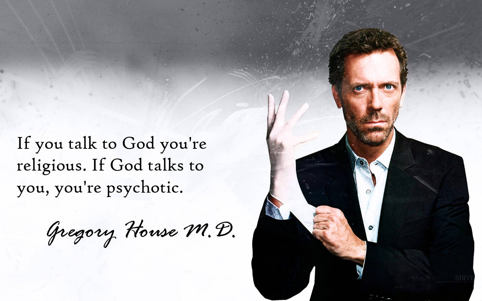 Entertainment 桌布 壁紙 — Gregory House M.D. 身穿深色西裝，戴著手套的手在煙霧灰色背景前做手勢，並附上他的標誌性名言。