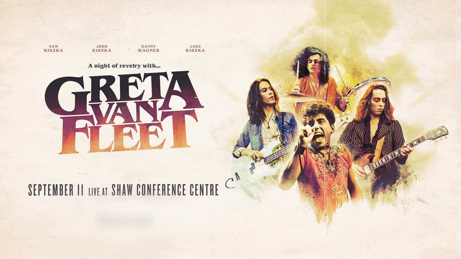 band 桌布 壁紙 — Greta Van Fleet 的充滿活力的音樂會海報，四位樂隊成員在帶有火熱橙色和紫色色調的紋理背景上演奏樂器。