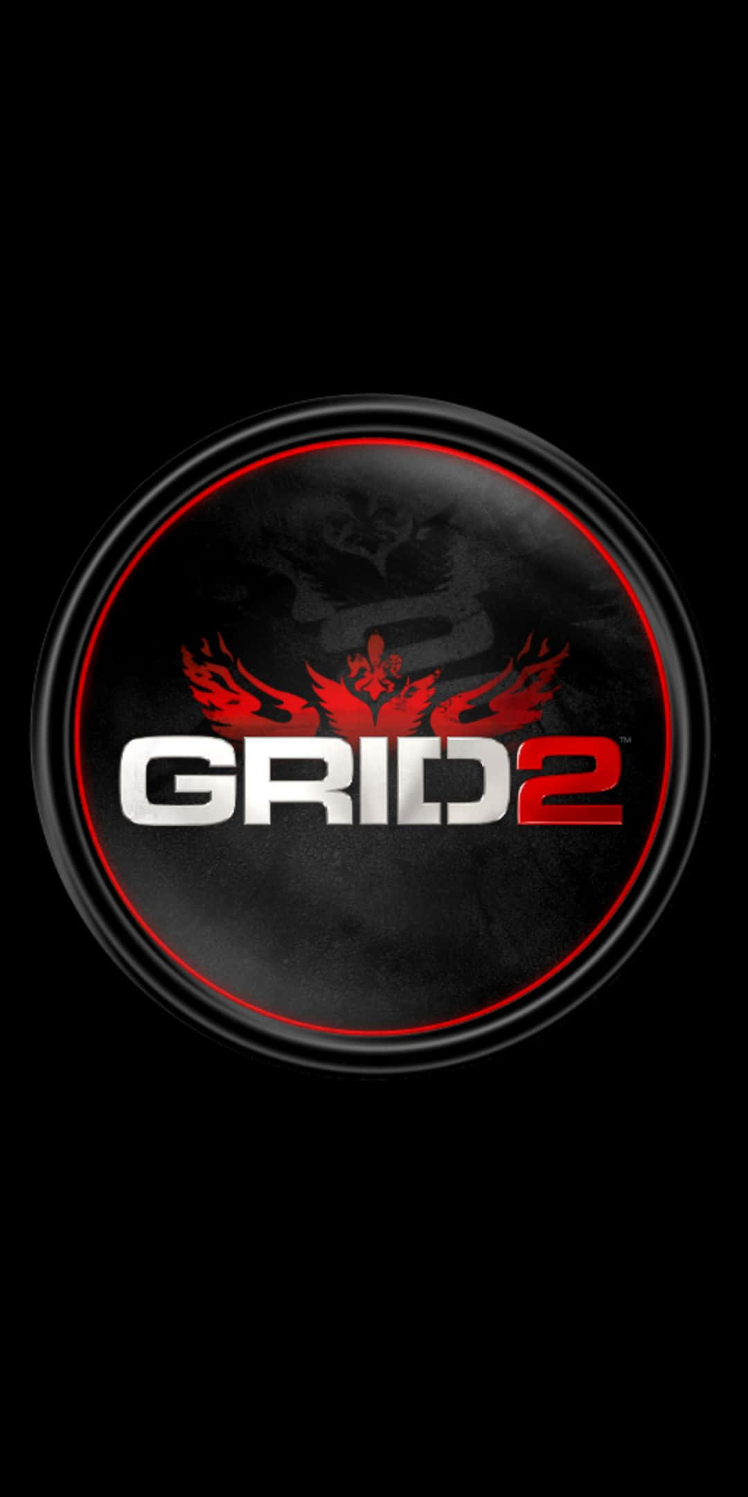 黑色美學 桌布 壁紙 — GRID 2 標誌在帶有紅色邊框的黑色圓形背景上發出紅色翅膀的光芒。