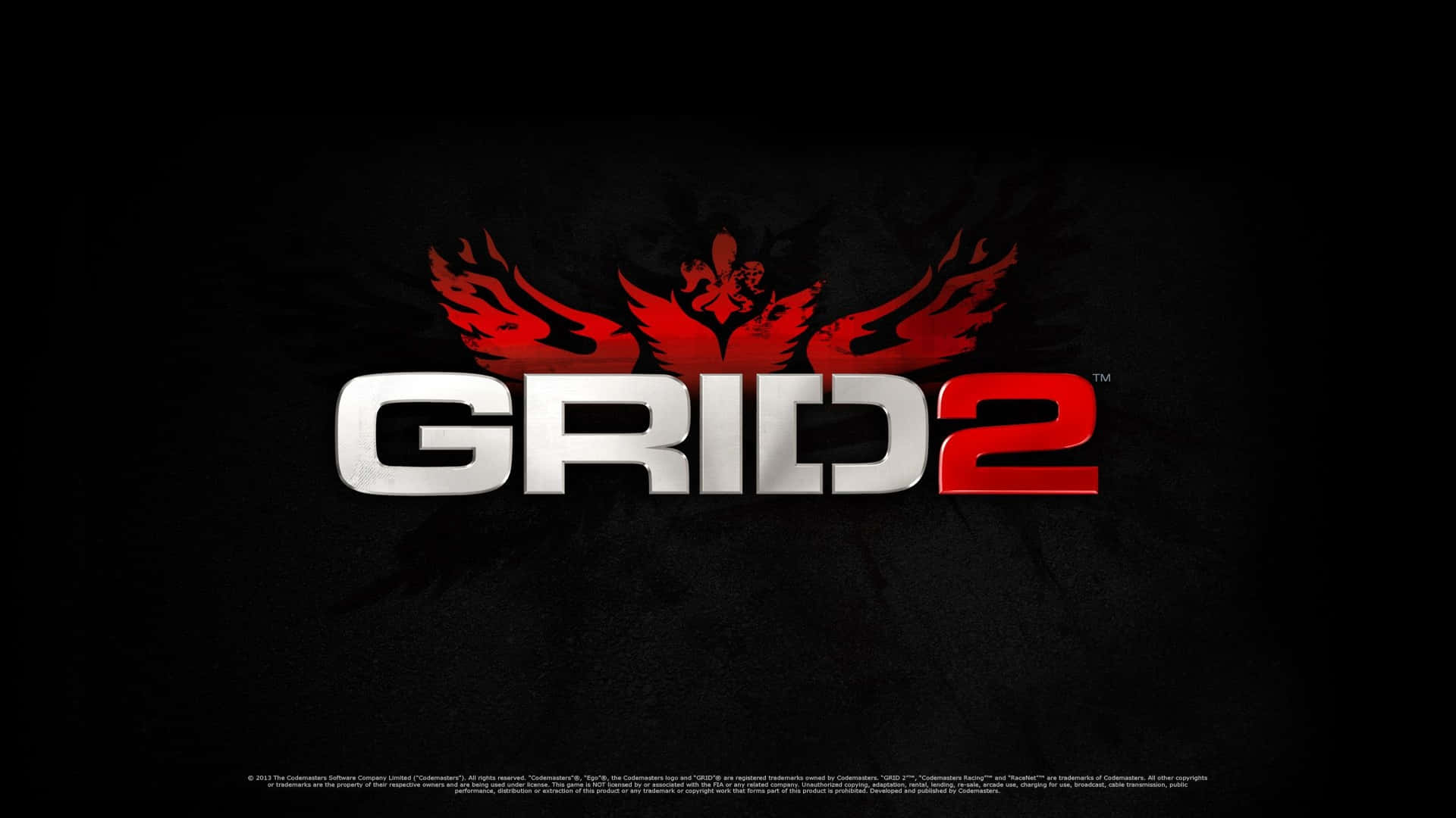 電玩遊戲 桌布 壁紙 — GRID 2 標誌在深色紋理背景上以鮮明的紅色和銀色發光，上方有火焰翅膀標誌。