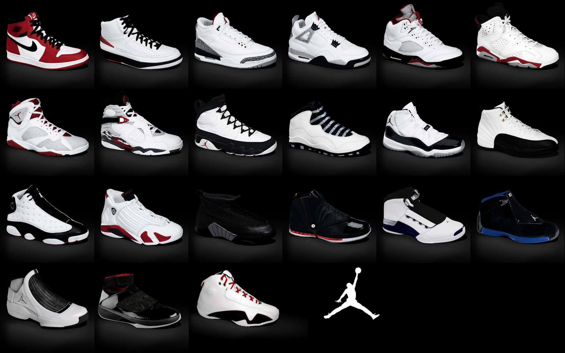 Jordan 品牌運動鞋網格，以多種配色呈現，搭配黑色背景和 Jumpman 標誌。 — Jordan 壁紙