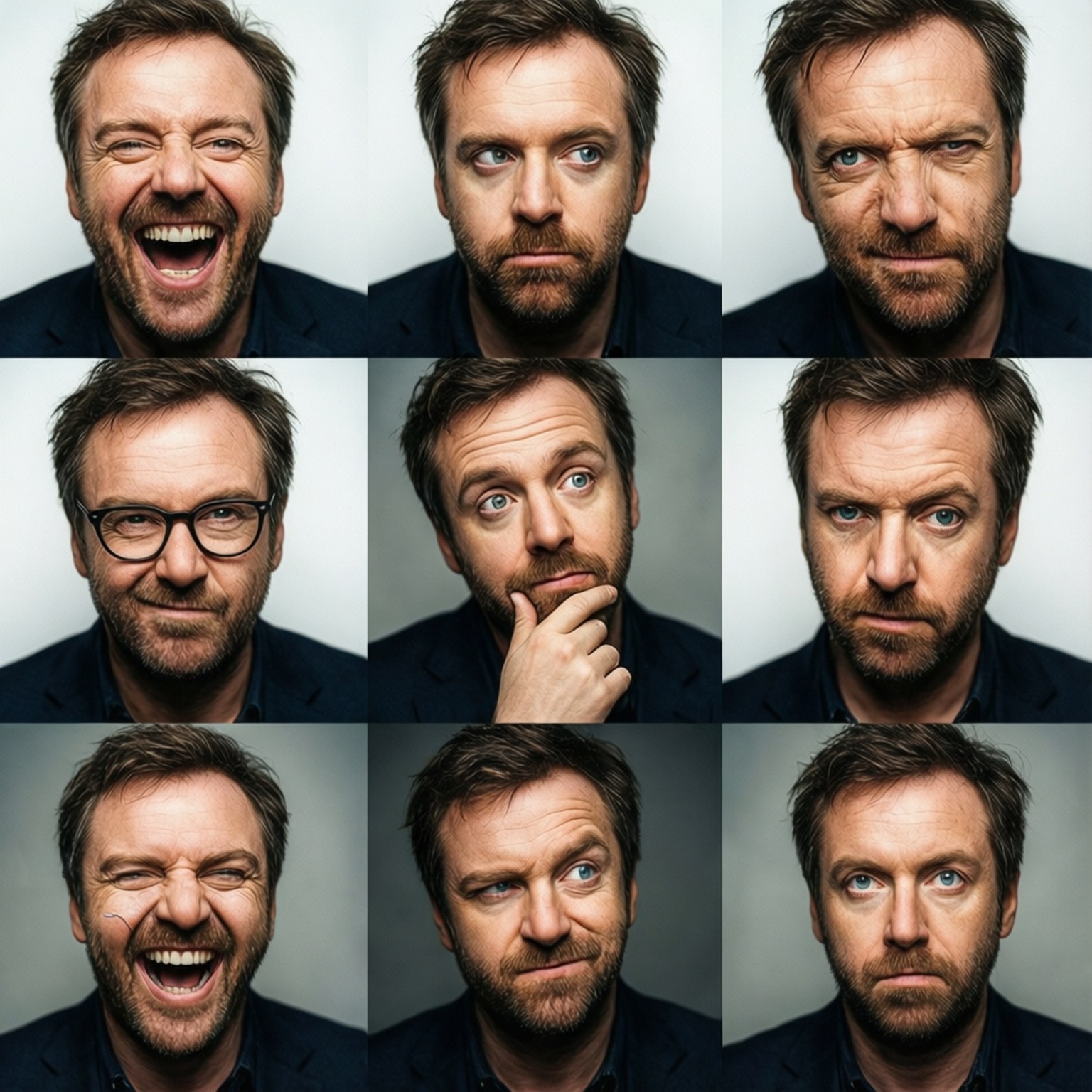 ricky gervais 桌布 壁紙 — 一個由九張表情豐富的鬍鬚藍眼男子近距離肖像組成的網格，展示從大笑到嚴肅的各種情緒。