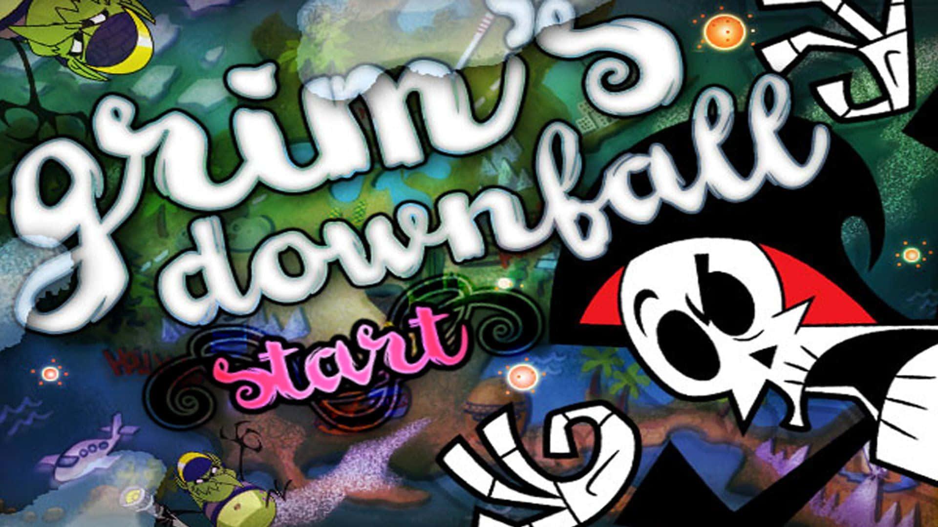 the grim adventures of billy and mandy 桌布 壁紙 — 《Grim Downfall》的鮮豔卡通遊戲標題畫面，有一個骷髏角色和色彩繽紛的水下生物。