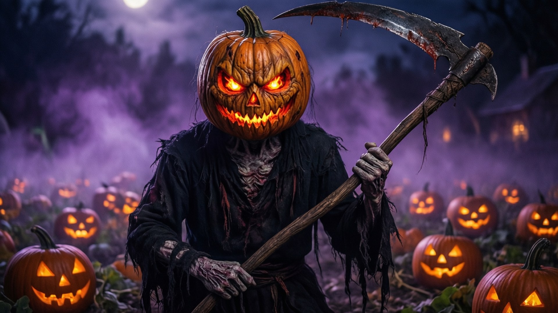Pumpkin Head Reaper 壁紙 — 一個發光的傑克南瓜燈頭的死神，在月光下的紫色天空中，揮舞著血淋淋的鐮刀，站在點亮的南瓜田裡。